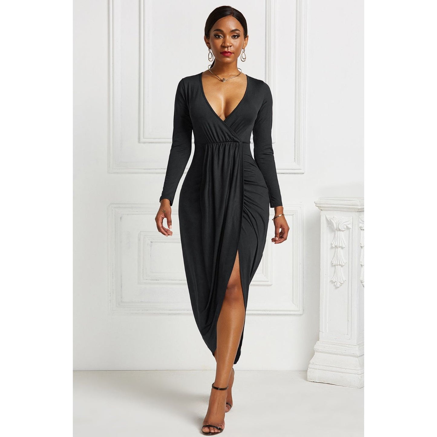 High-low Ruched Surplice Long Sleeve Dress