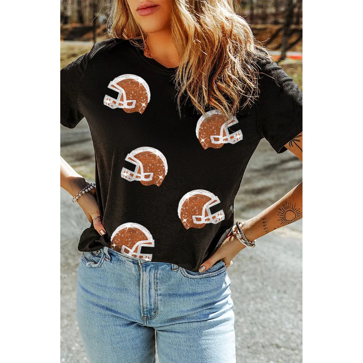 Sequin Round Neck Short Sleeve T-Shirt