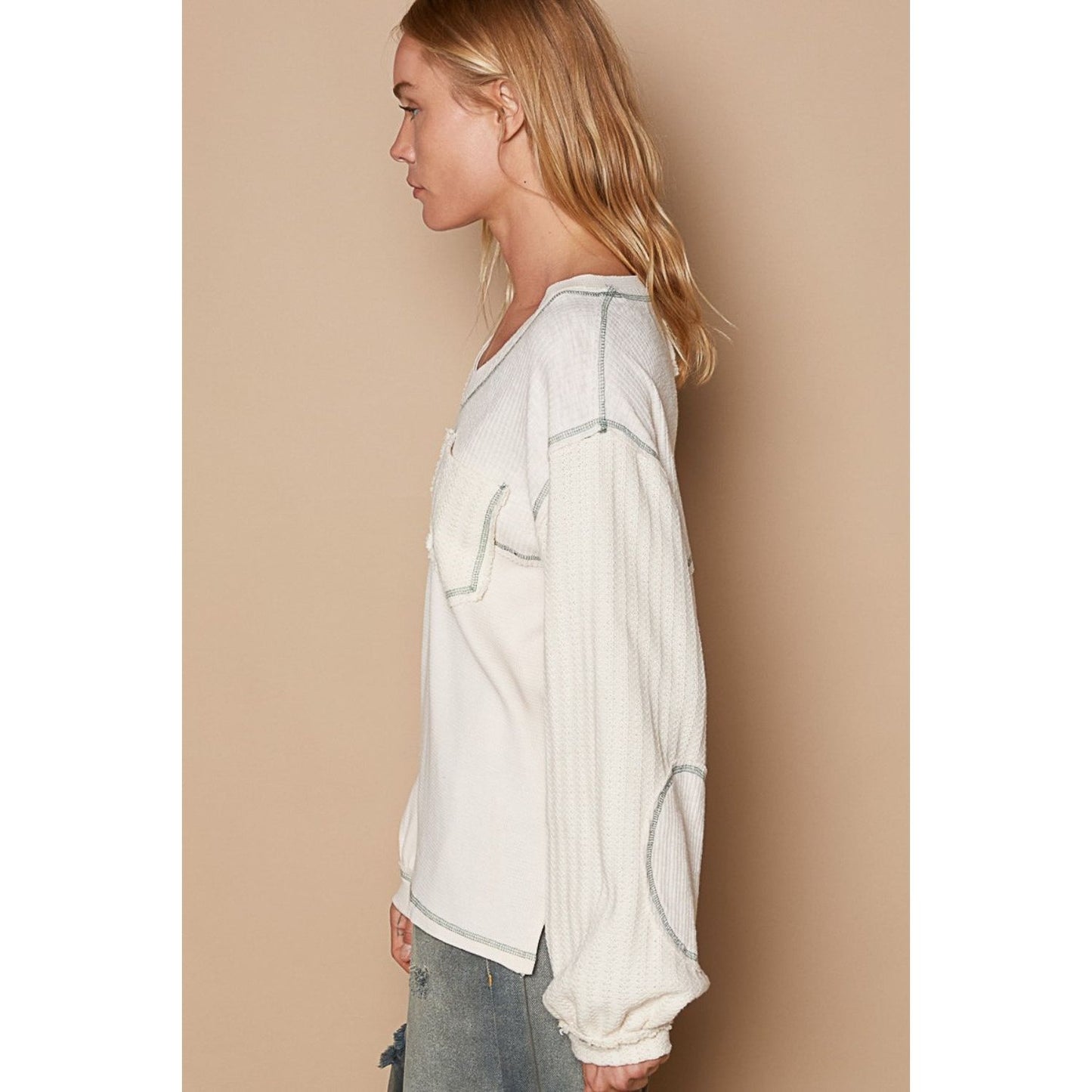 POL V-Neck knit Panel Exposed Seam Top