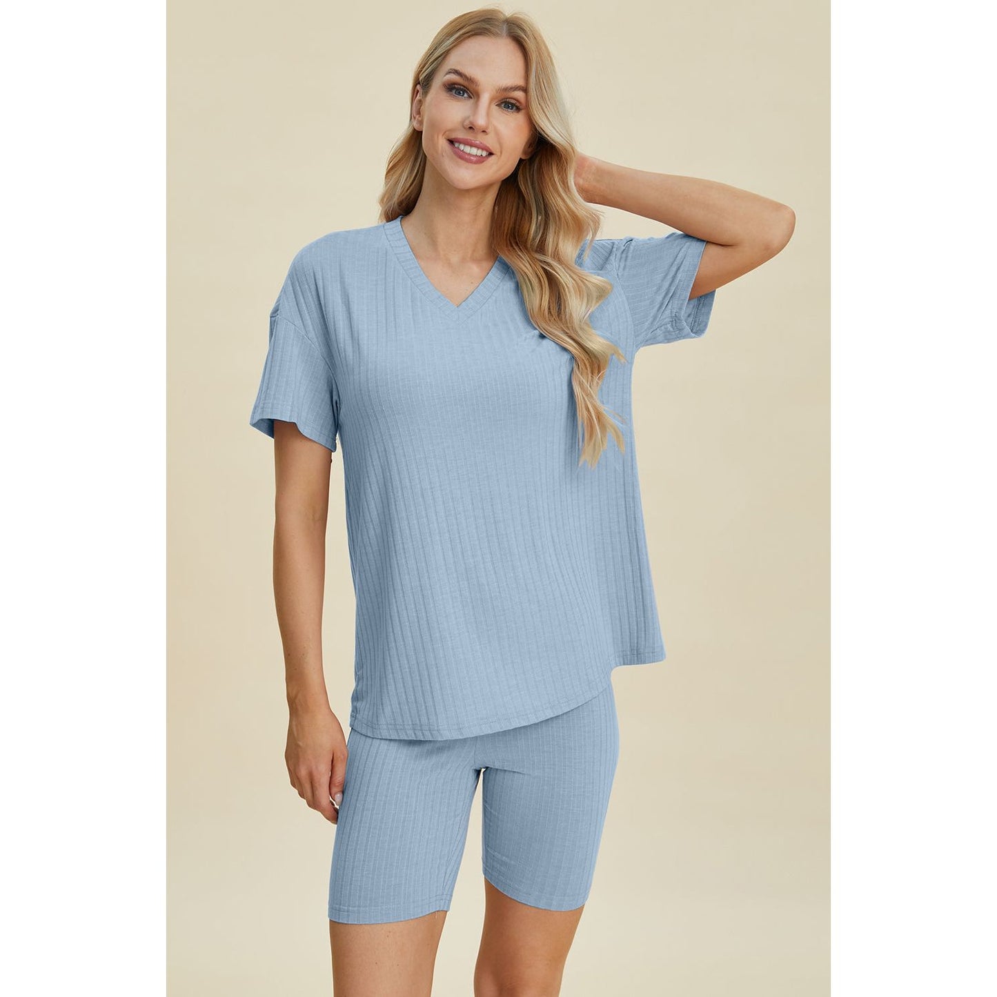 Basic Bae Full Size Ribbed V-Neck Short Sleeve Top and Shorts Set