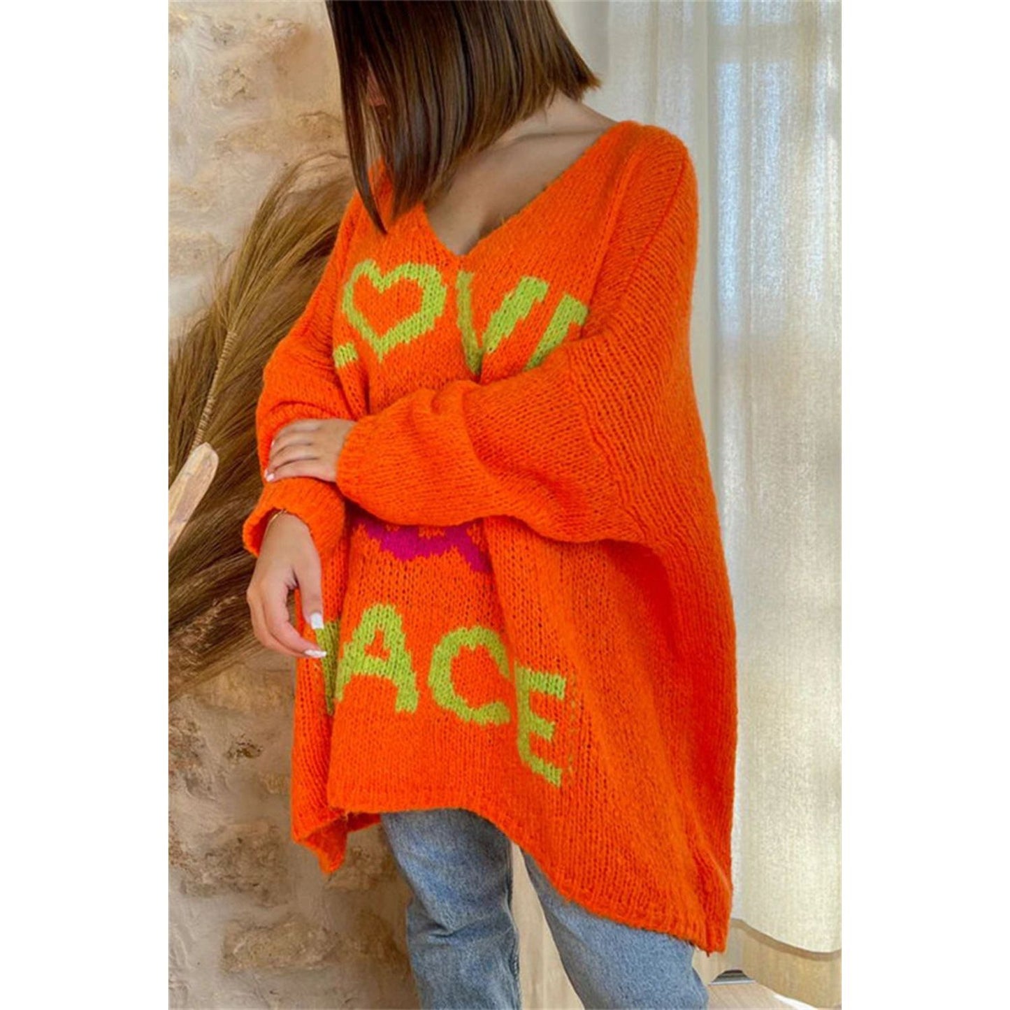 Peace Graphic V-Neck Long Sleeve Sweater