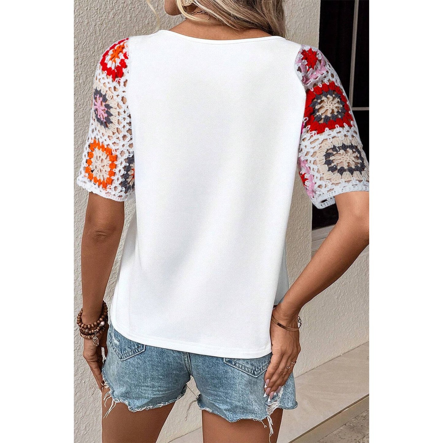 Geometric Round Neck Short Sleeve Blouse