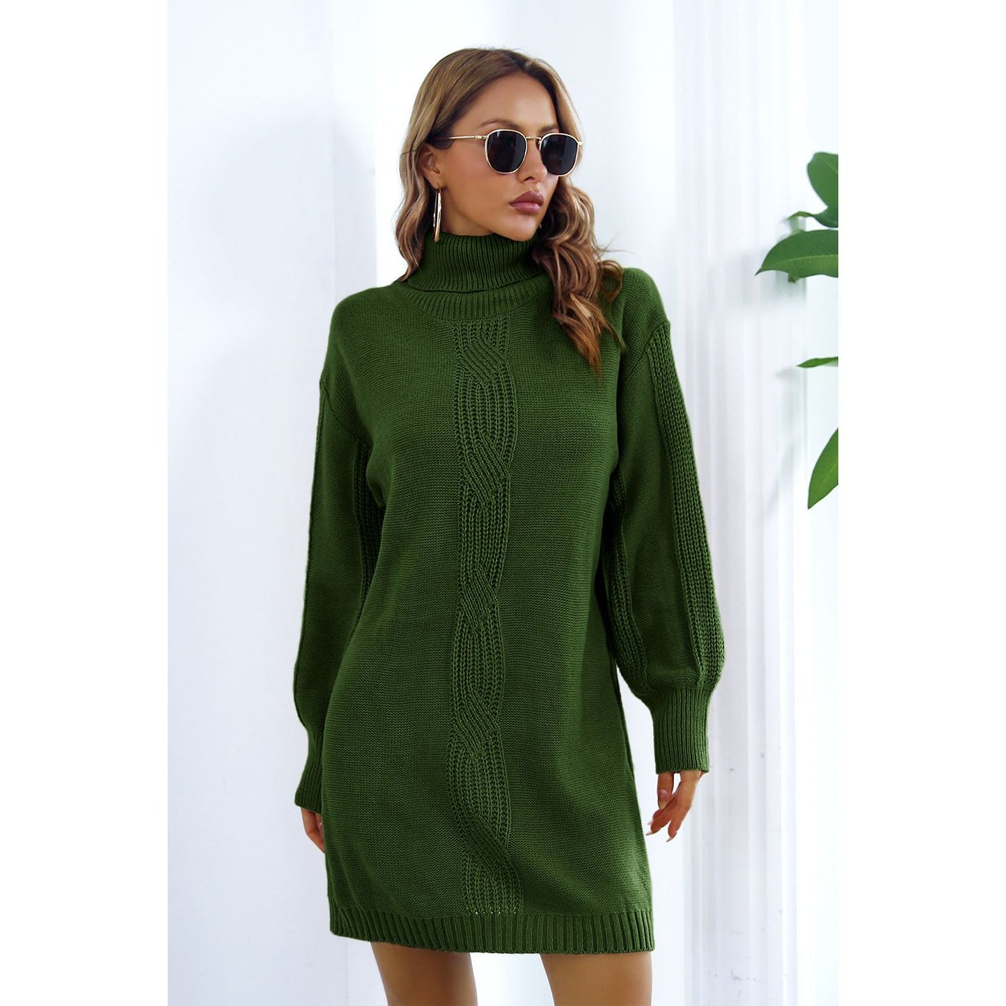 Openwork Turtleneck Long Sleeve Sweater Dress