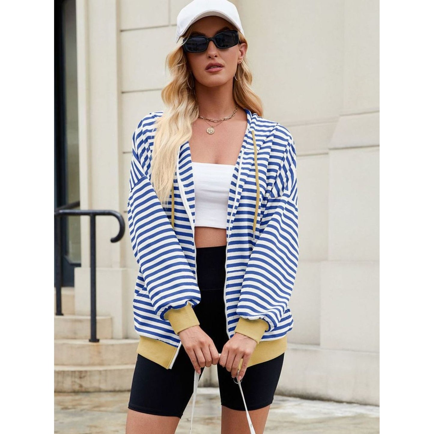 Drawstring Striped Zip Up Long Sleeve Hoodie