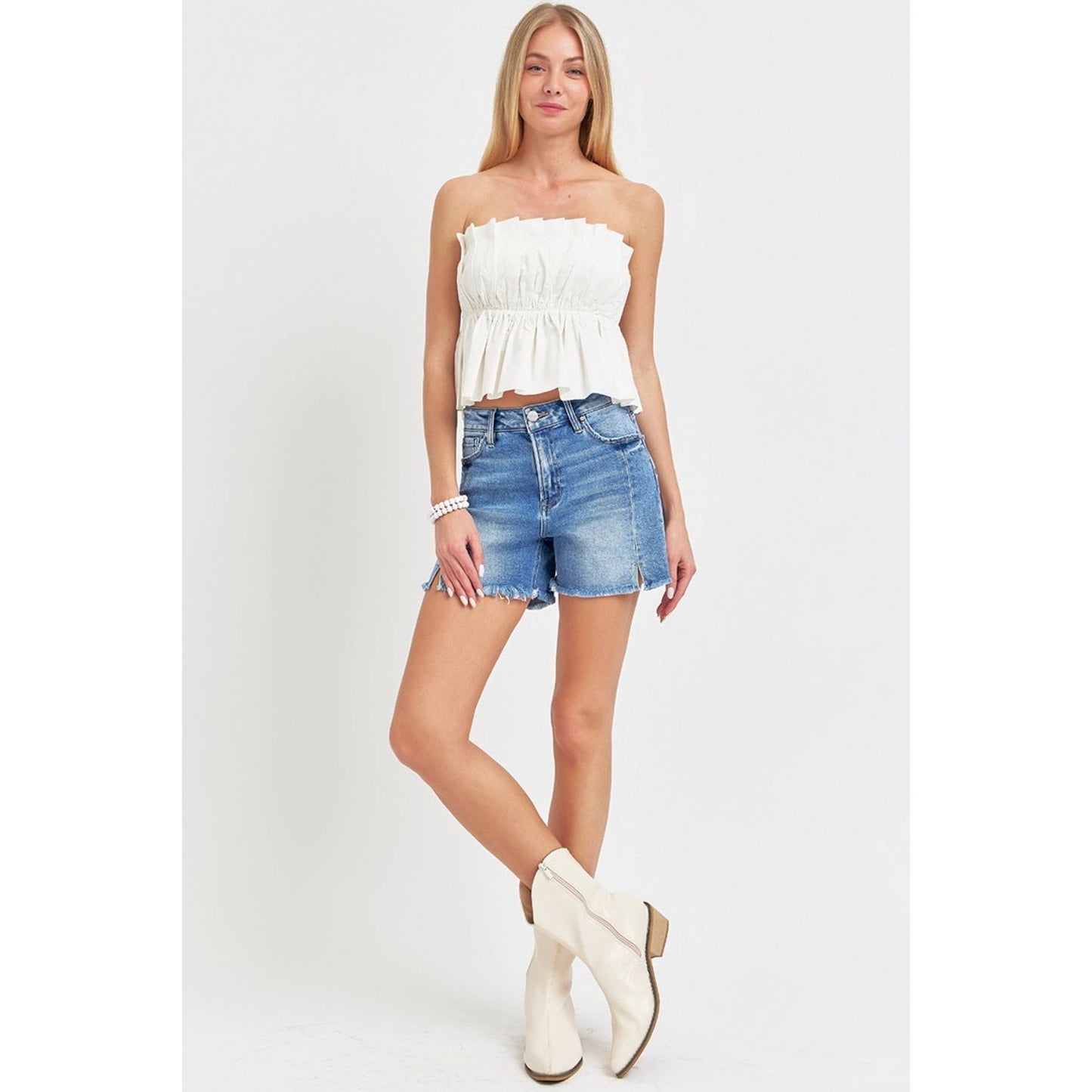 RISEN Front Slit Raw Hem Denim Shorts