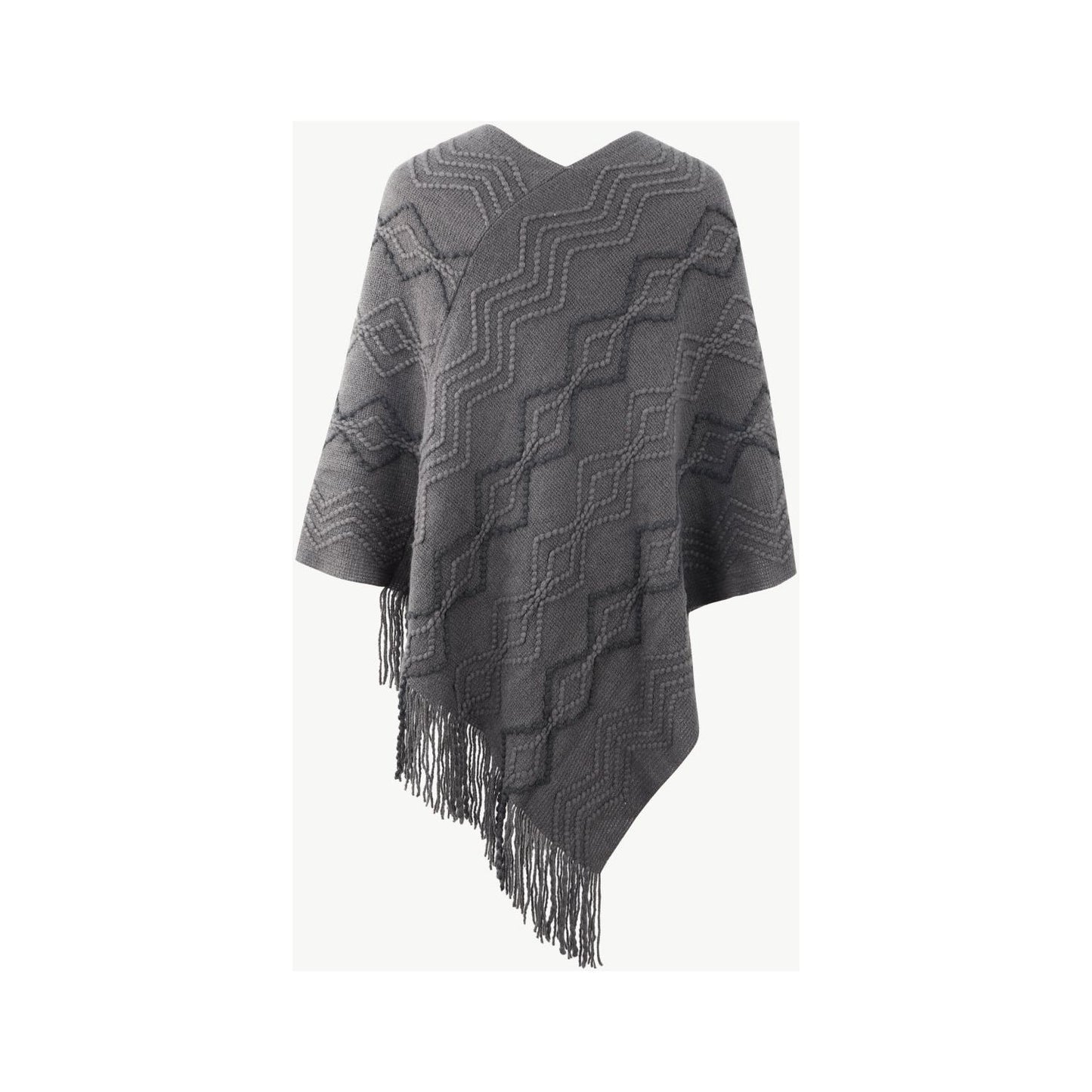 Pearl Trim V-Neck Fringe Hem Poncho