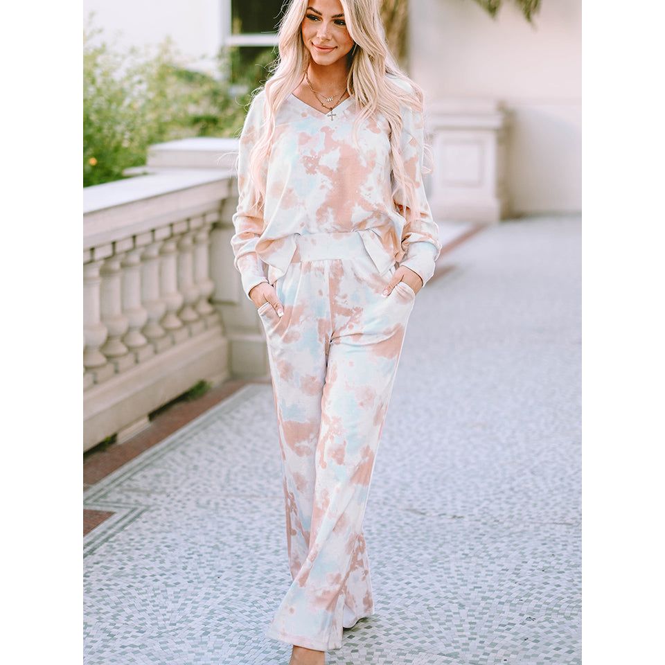 Printed Long Sleeve Top and Wide Leg Pants Lounge Set