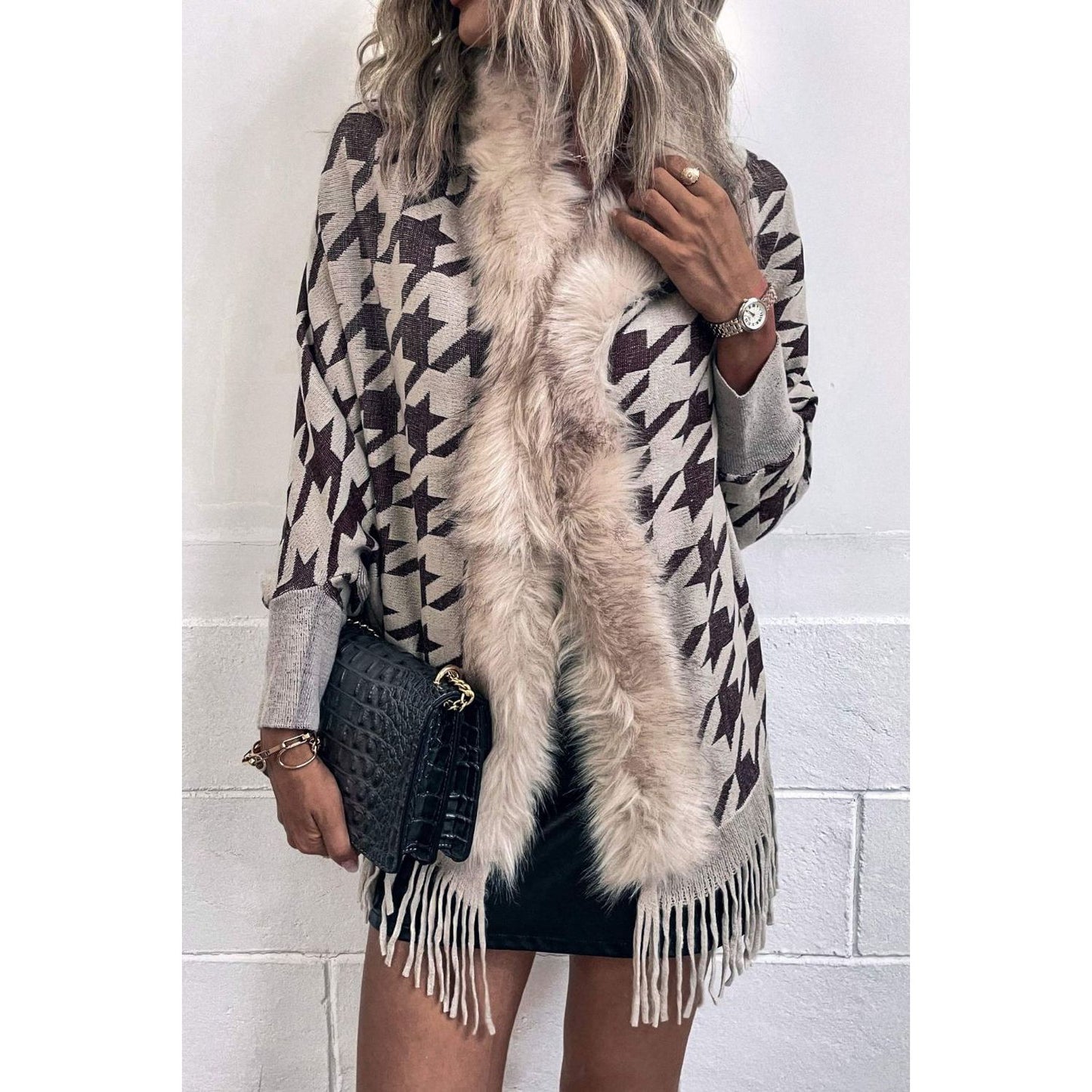 Houndstooth Fringe Hem Poncho