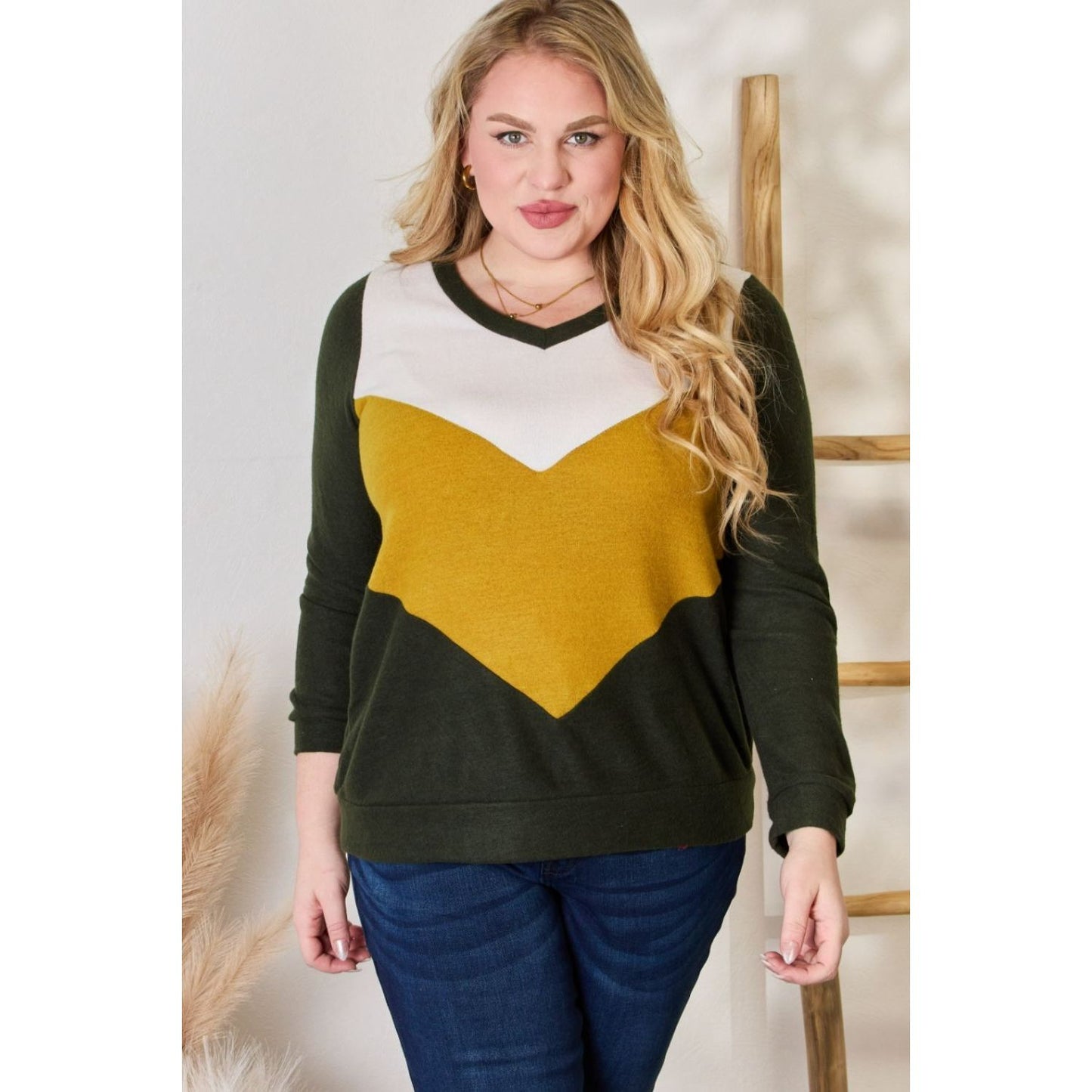 Hailey & Co Full Size Colorblock V-Neck Blouse