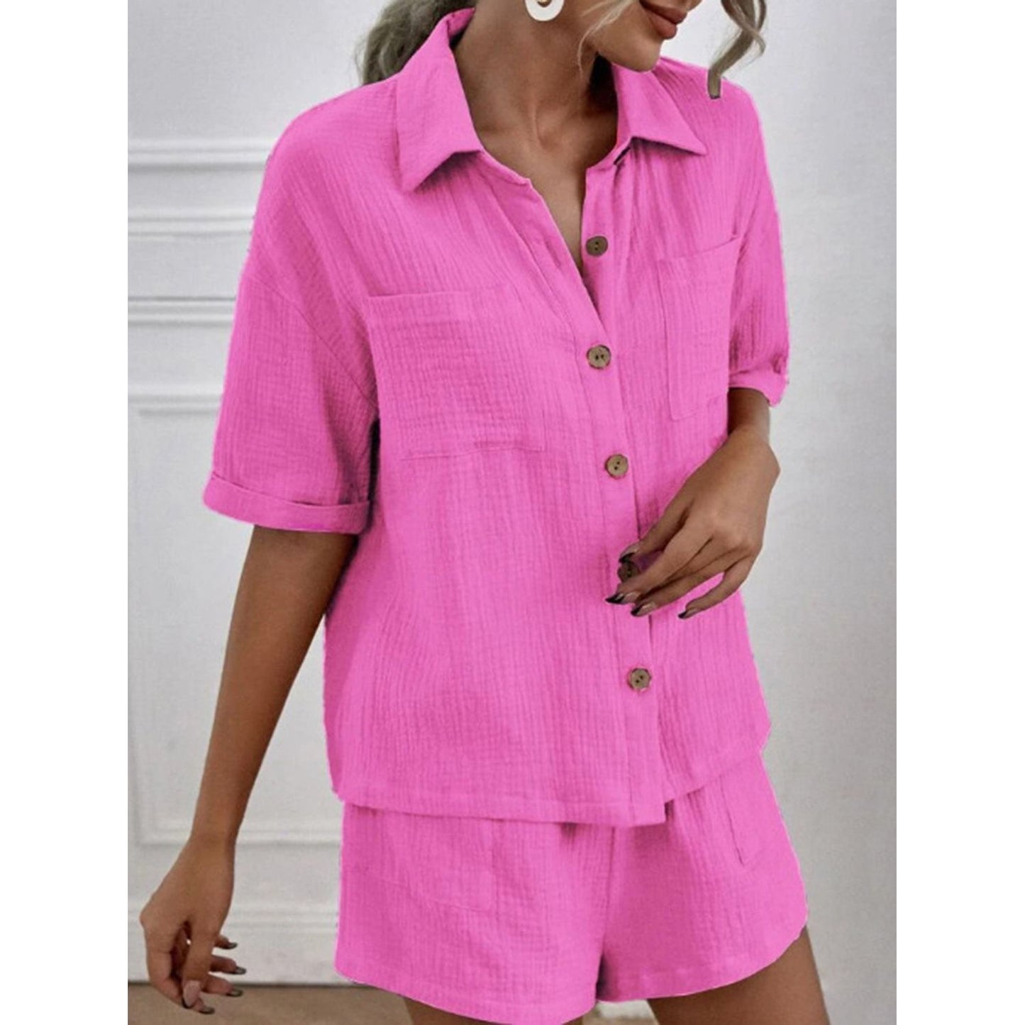 Button Up Short Sleeve Top and Shorts Set