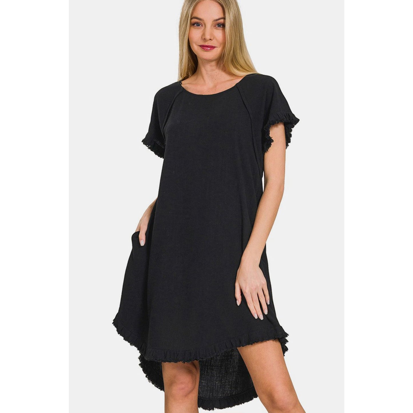 Zenana Fringe Edge High Low Flowy Dress with Pockets