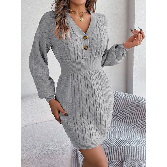 Buttoned Cable-Knit V-Neck Sweater Dress