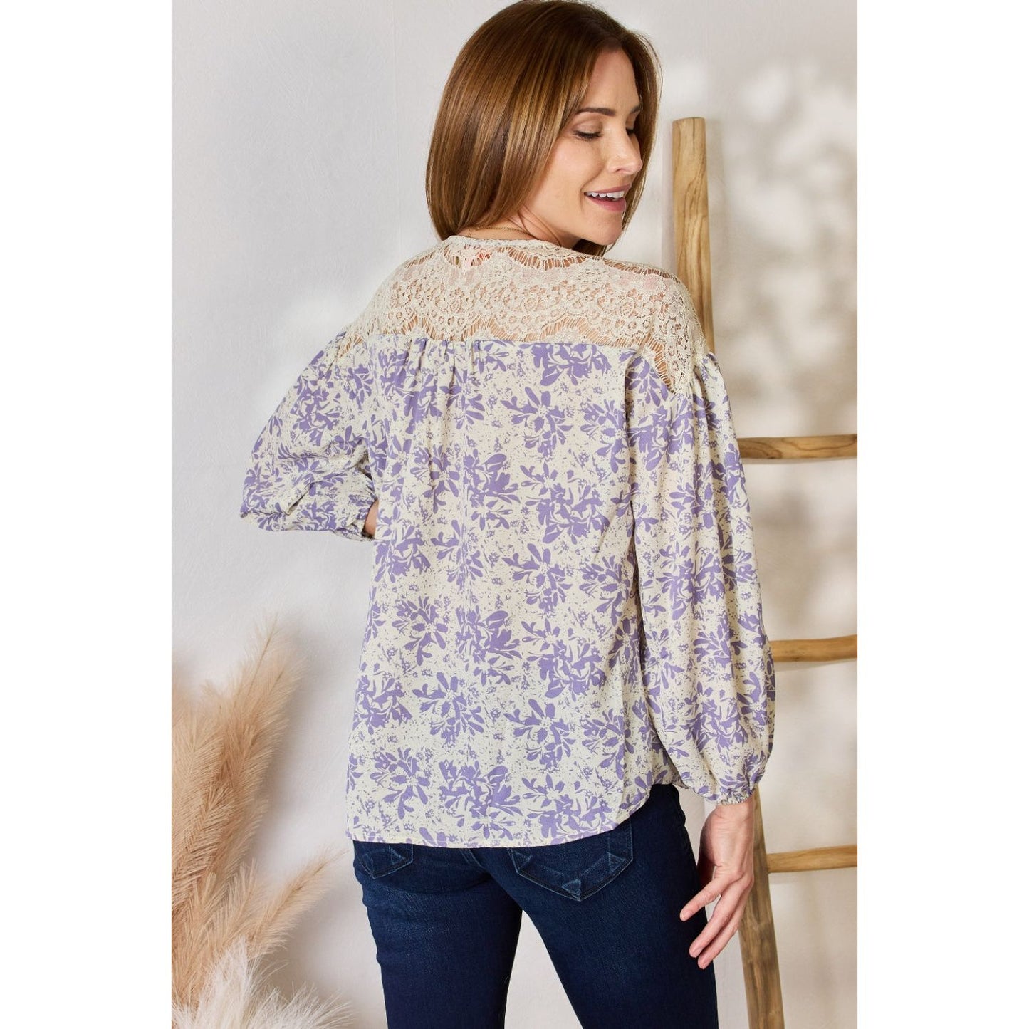 Hailey & Co Full Size Lace Detail Printed Blouse