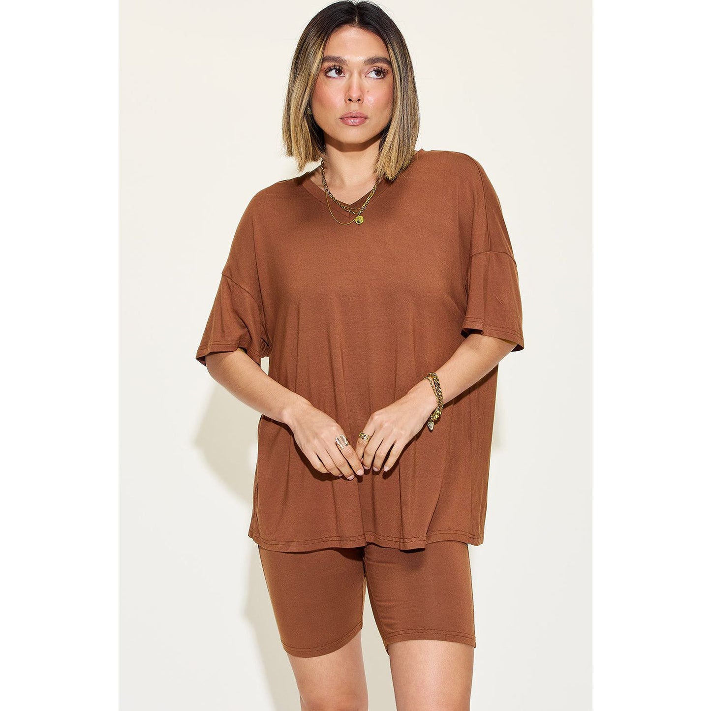 Basic Bae Full Size V-Neck Drop Shoulder T-Shirt and Shorts Set