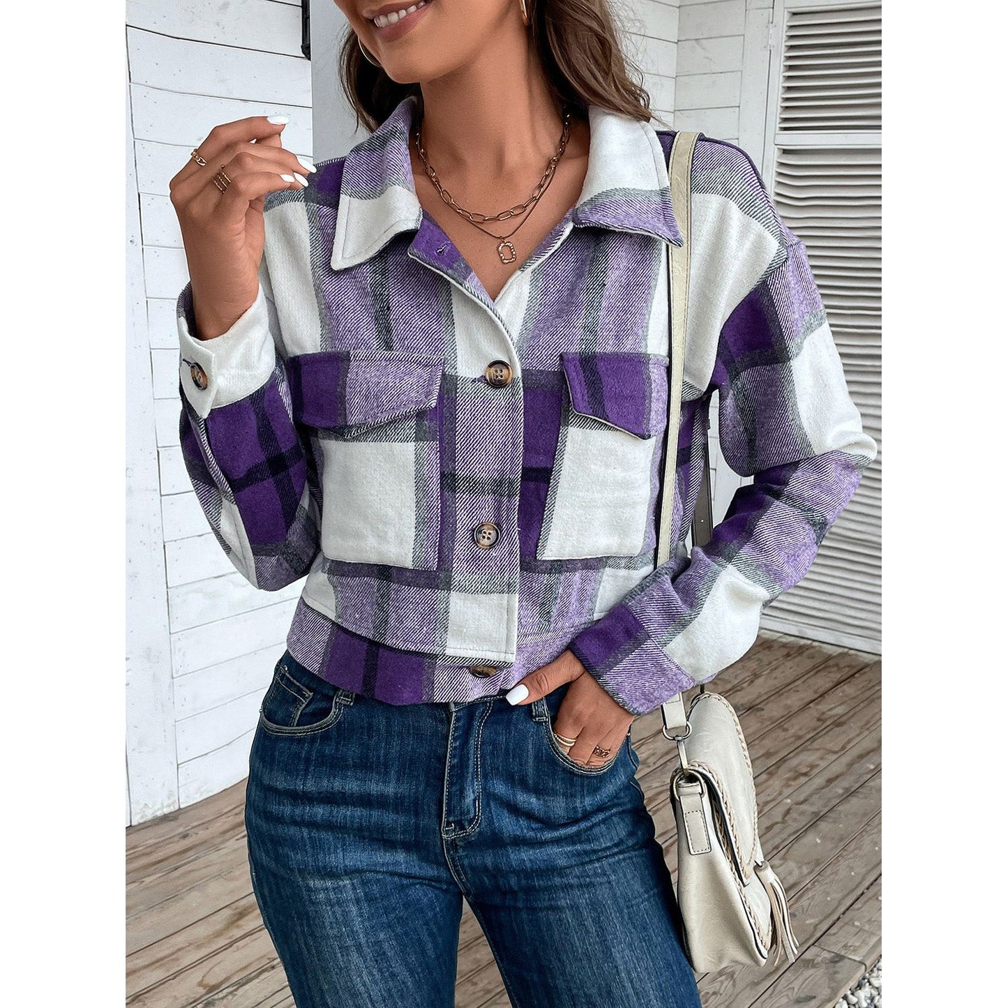 Perfee Plaid Button Up Drop Shoulder Cropped Jacket