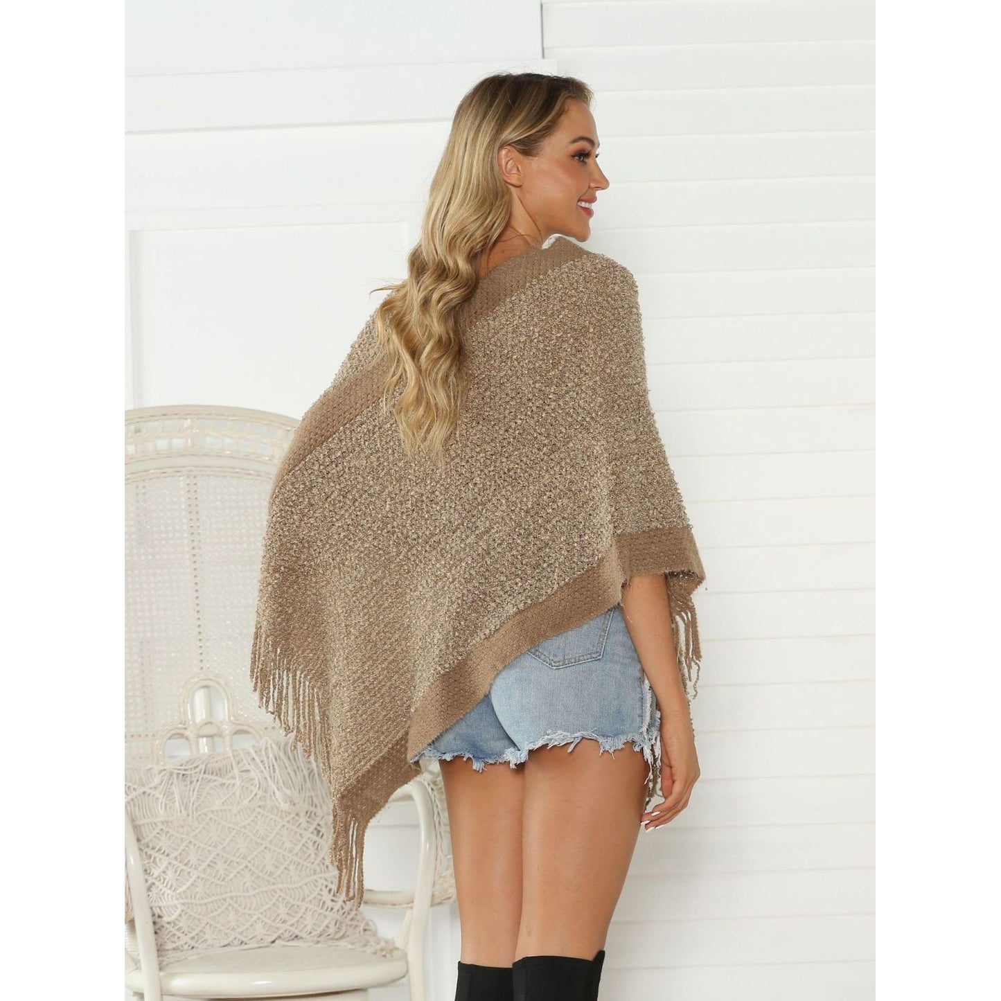 Shiny Heathered Fringe Detail Poncho