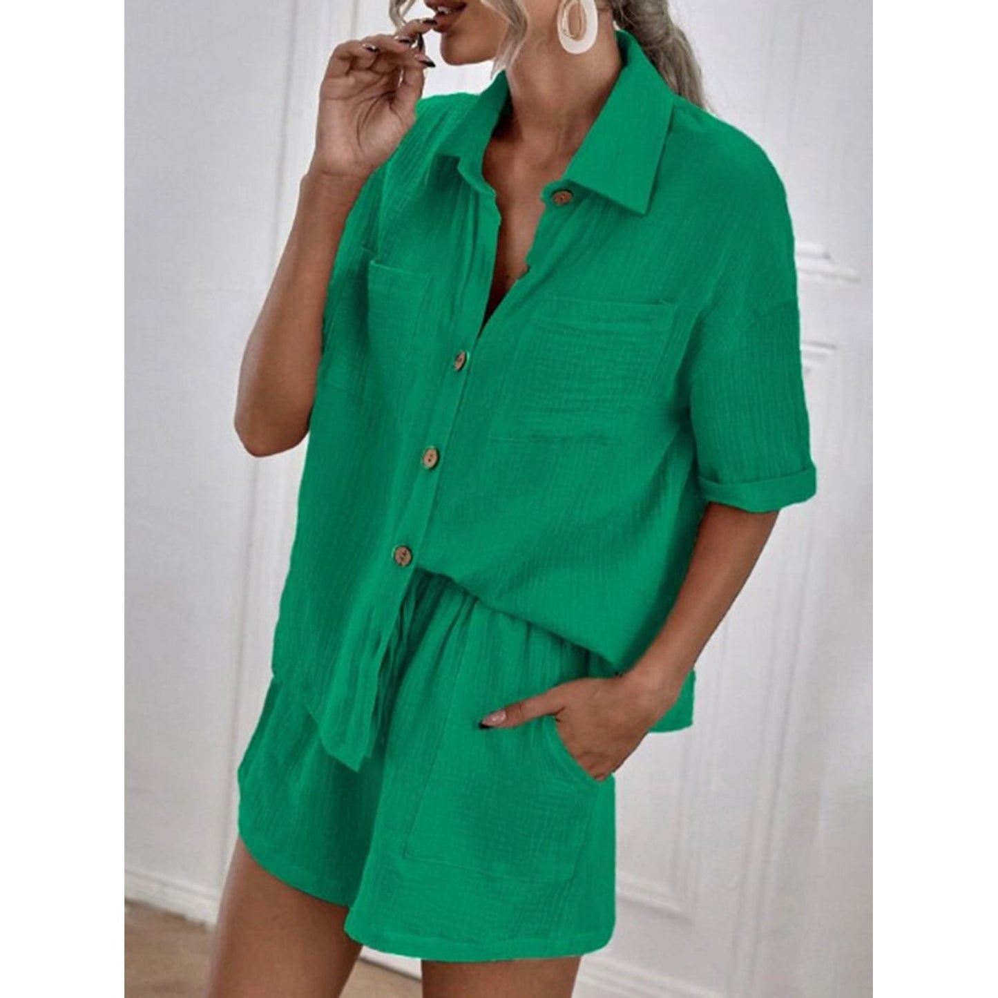 Button Up Short Sleeve Top and Shorts Set