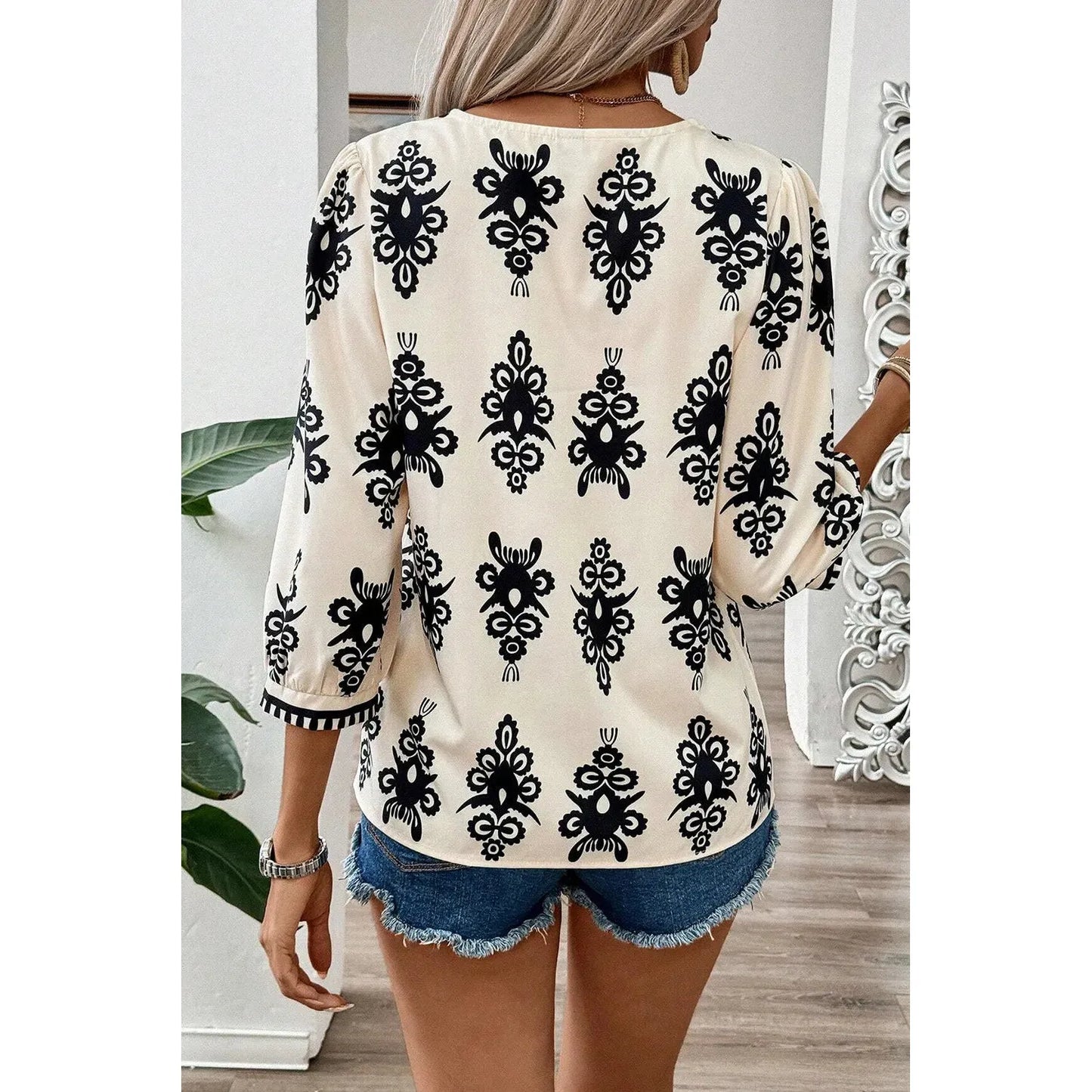 Printed V-Neck Three-Quarter Sleeve Blouse