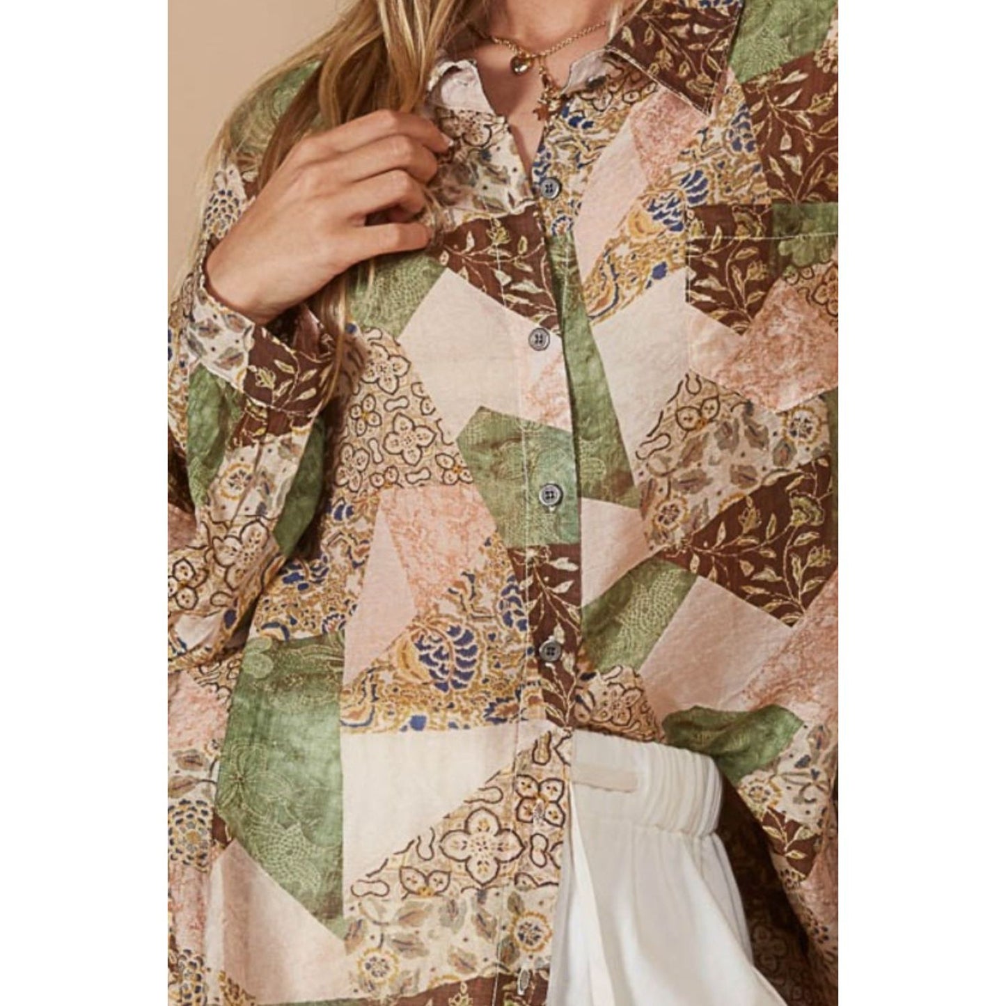 POL Button-Down Long Sleeve Printed Shirt