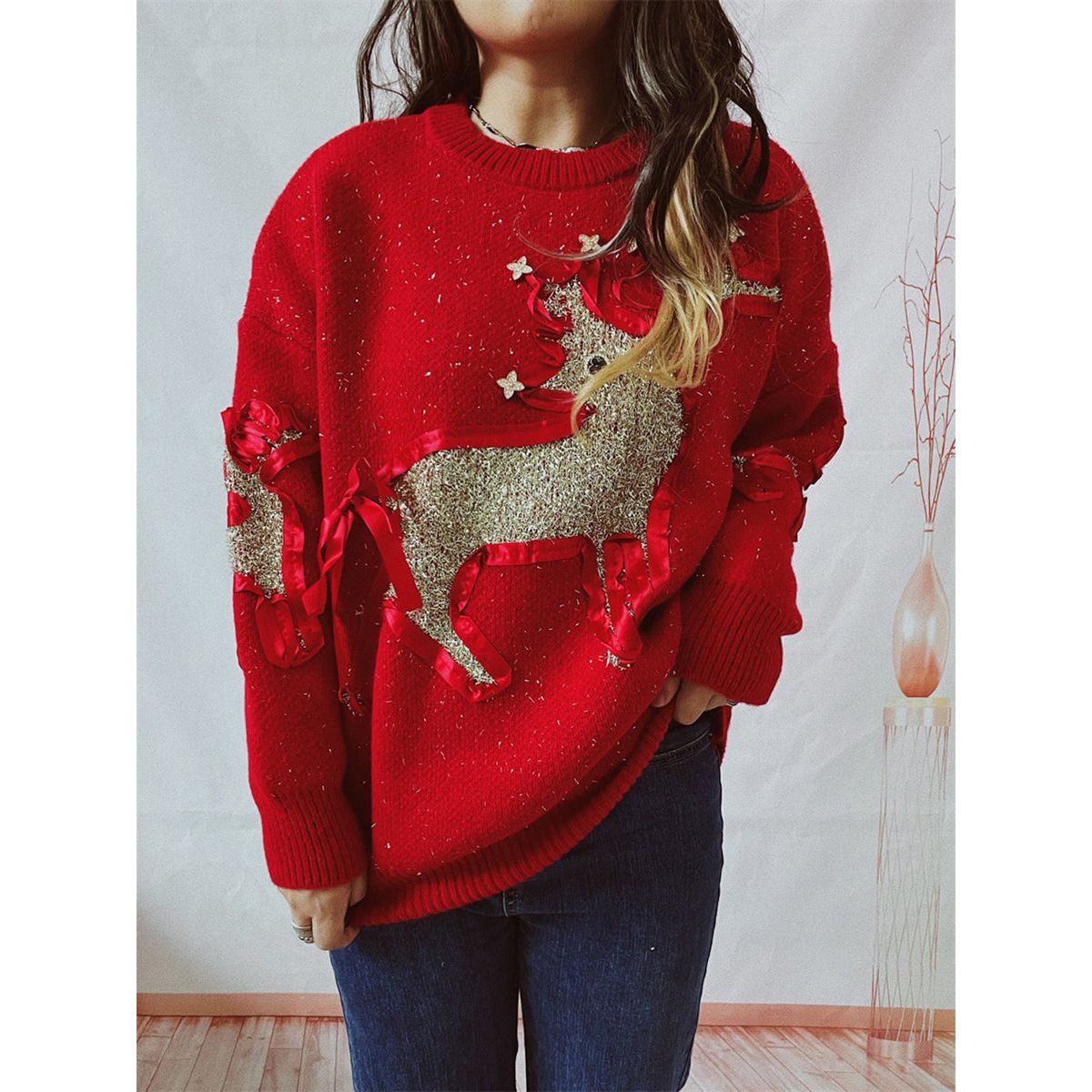 Reindeer Round Neck Long Sleeve Sweater