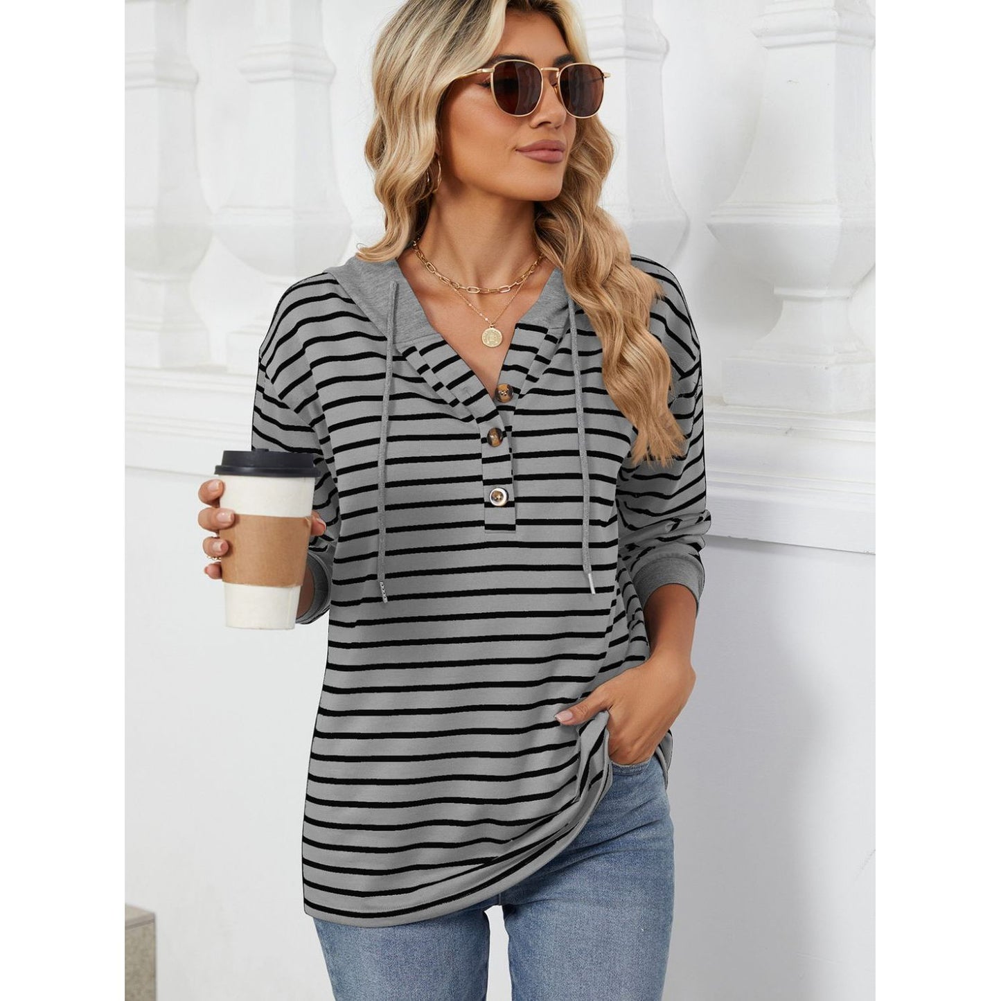 Drawstring Striped Long Sleeve Hoodie