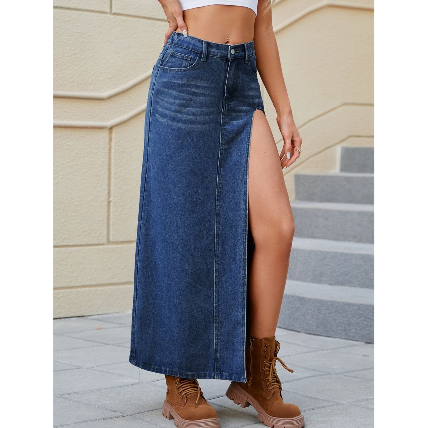 Slit Buttoned Denim Skirt with Pockets