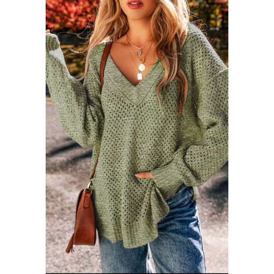 V-Neck Dropped Shoulder Long Sleeve Sweater