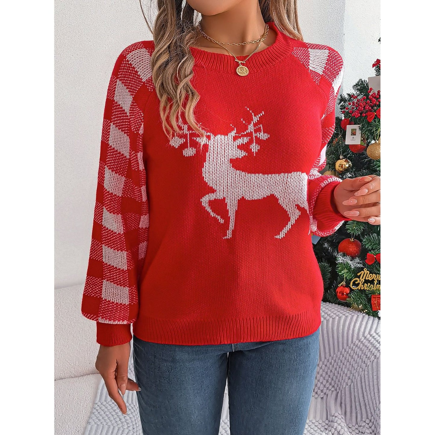 Reindeer Plaid Round Neck Long Sleeve Sweater