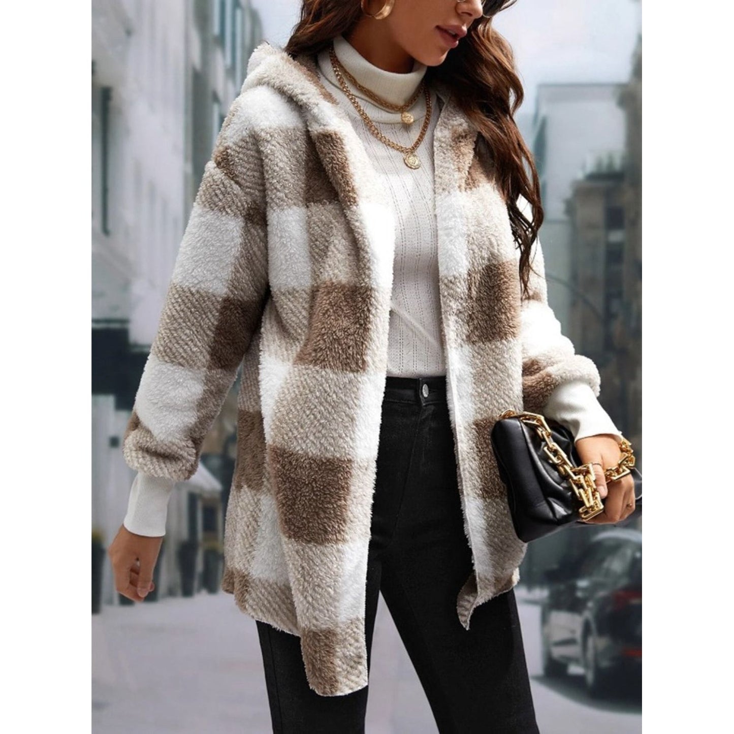 Plaid Long Sleeve Hooded Coat