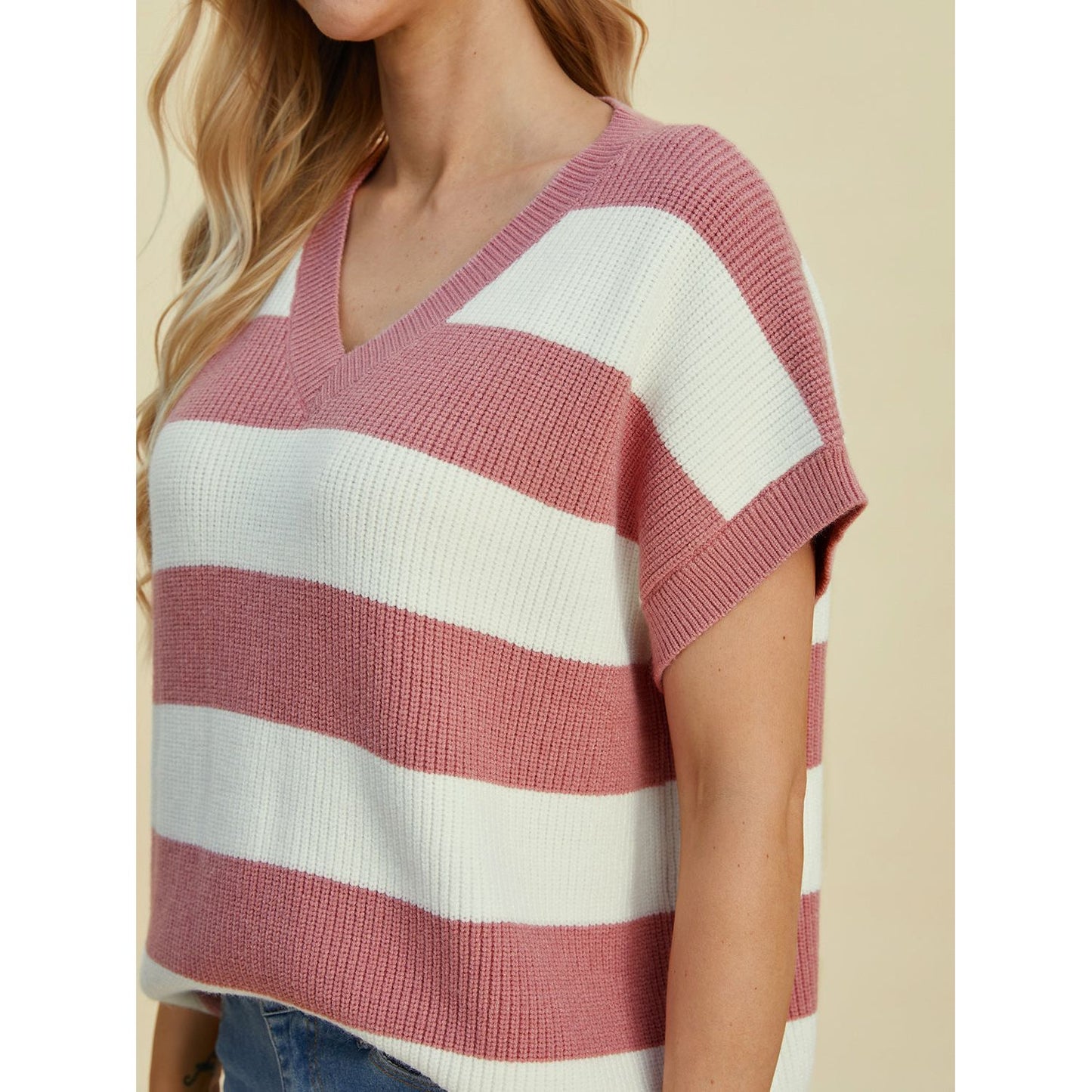 Double Take Full Size Striped V-Neck Short Sleeve Sweater