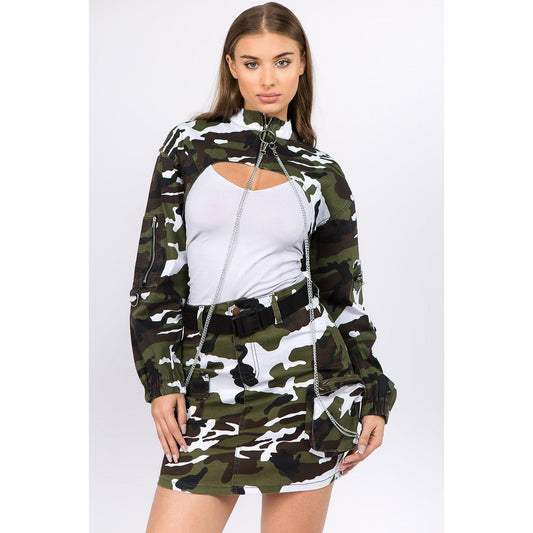 American Bazi Camouflage Cropped Jacket with Chains