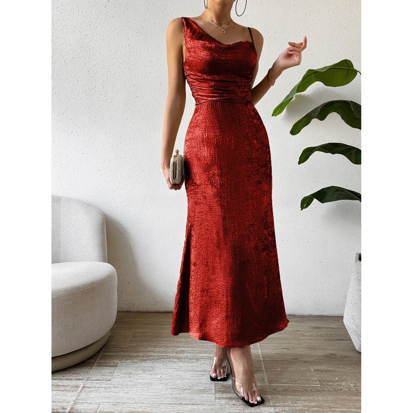 Honey Asymmetric Neck Sleeveless Midi Dress