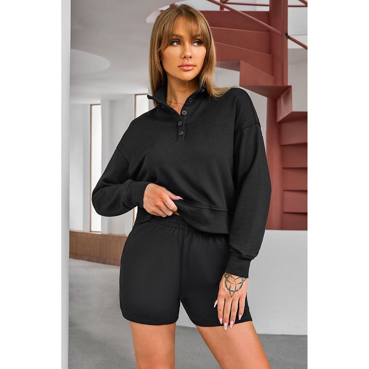 Half Button Sweatshirt and Shorts Active Set