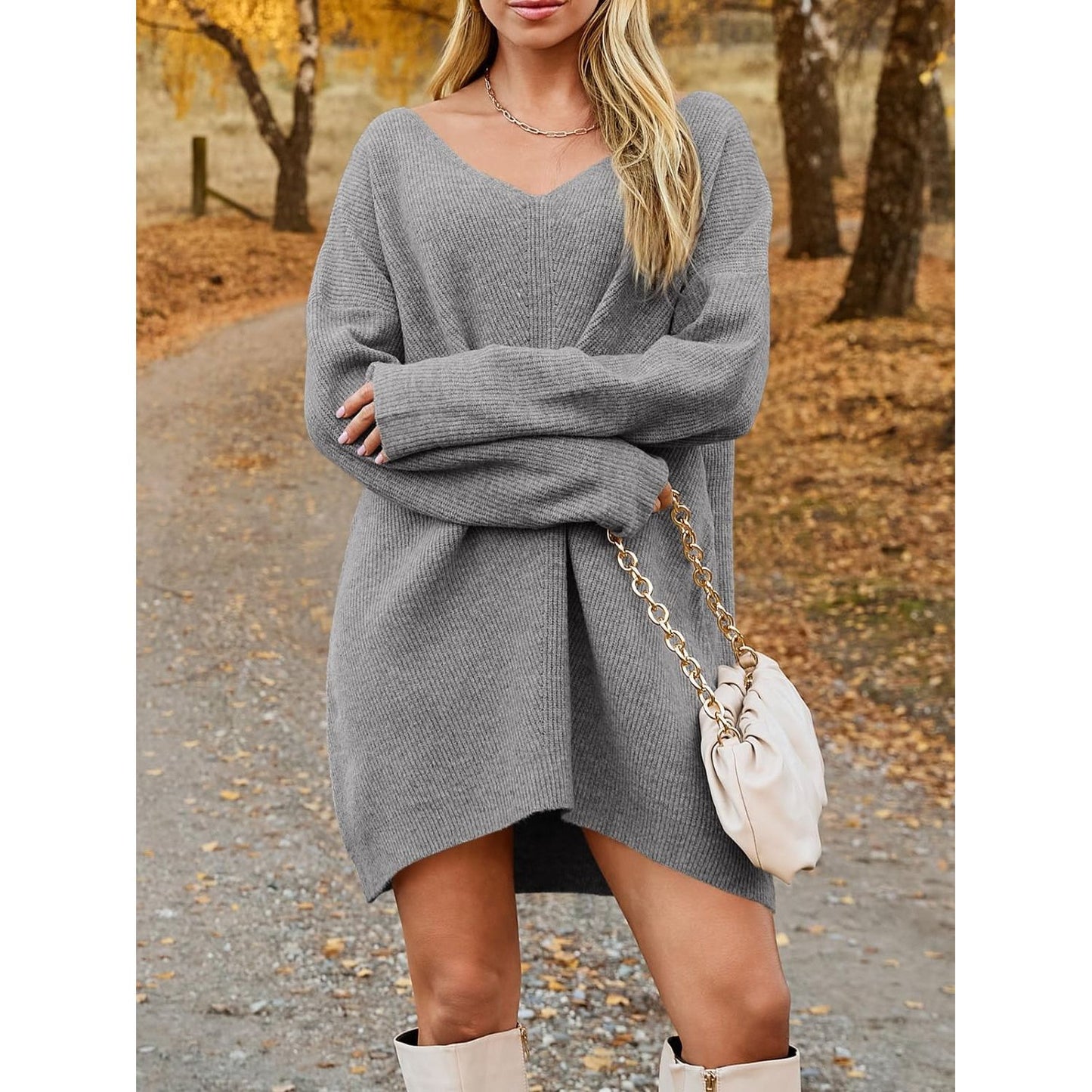 V-Neck Dropped Shoulder Sweater Dress