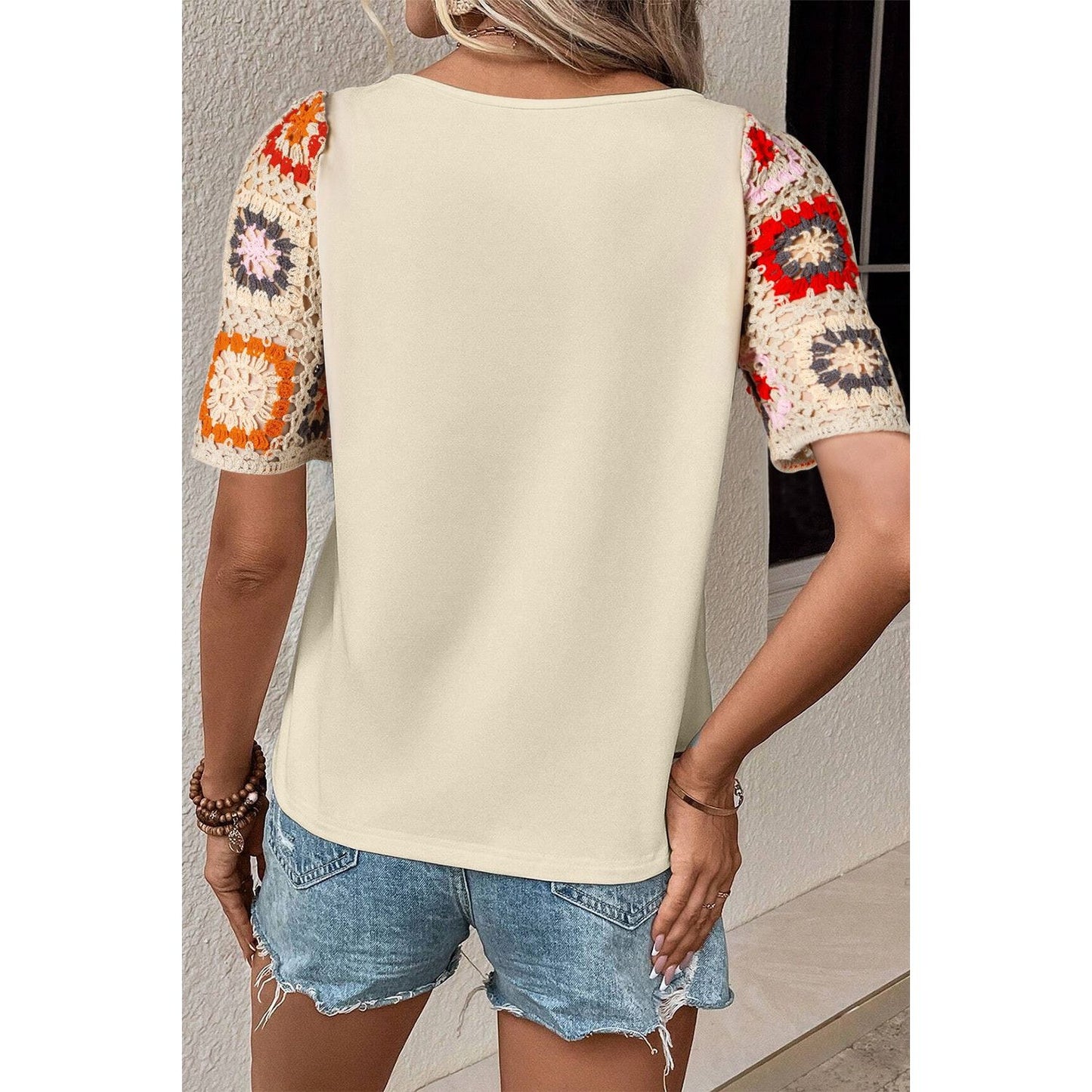 Geometric Round Neck Short Sleeve Blouse