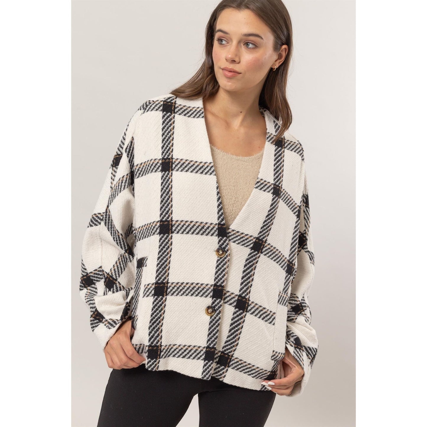 HYFVE Plaid Long Sleeve Jacket with Side Slit Pockets