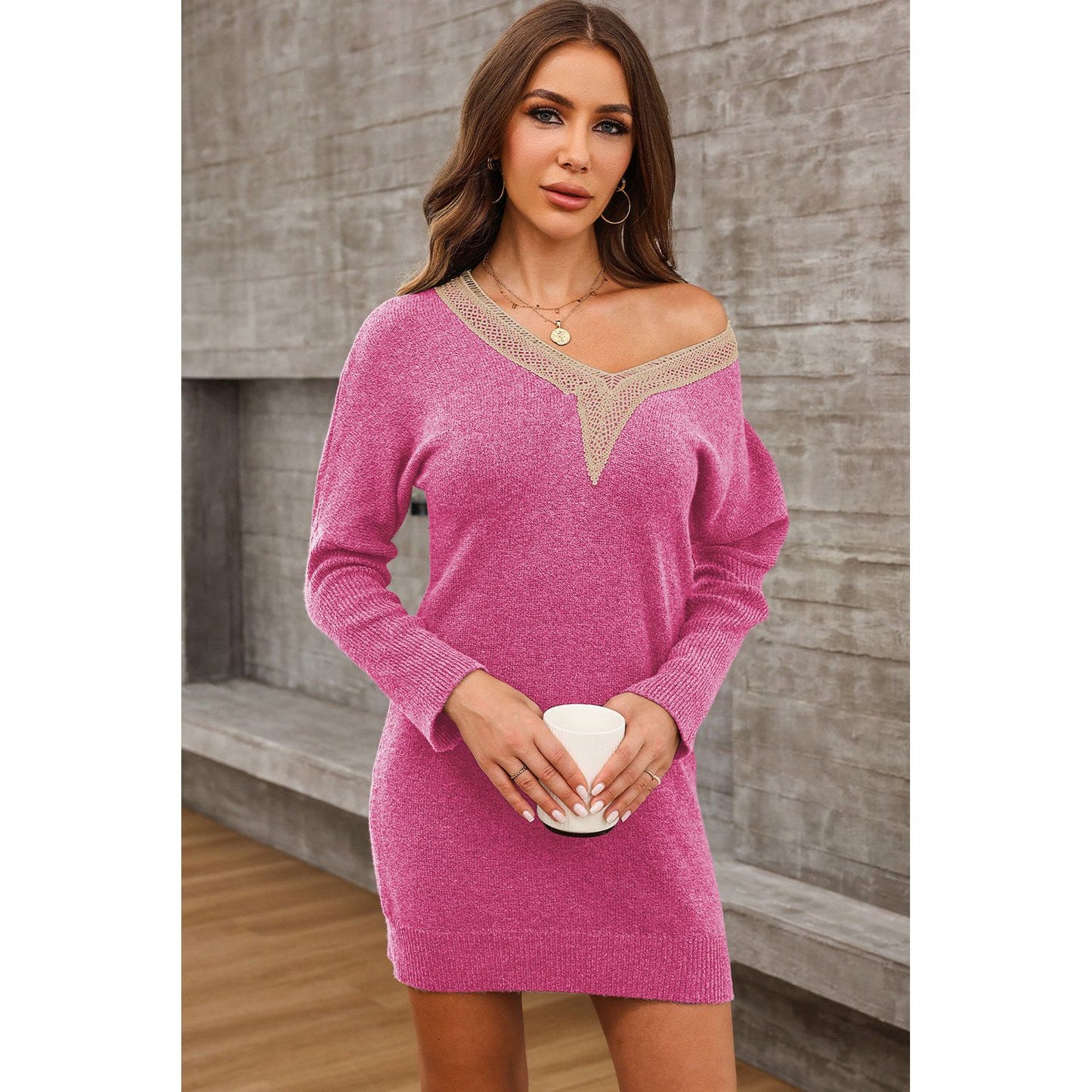 V-Neck Long Sleeve Mini Sweater Dress