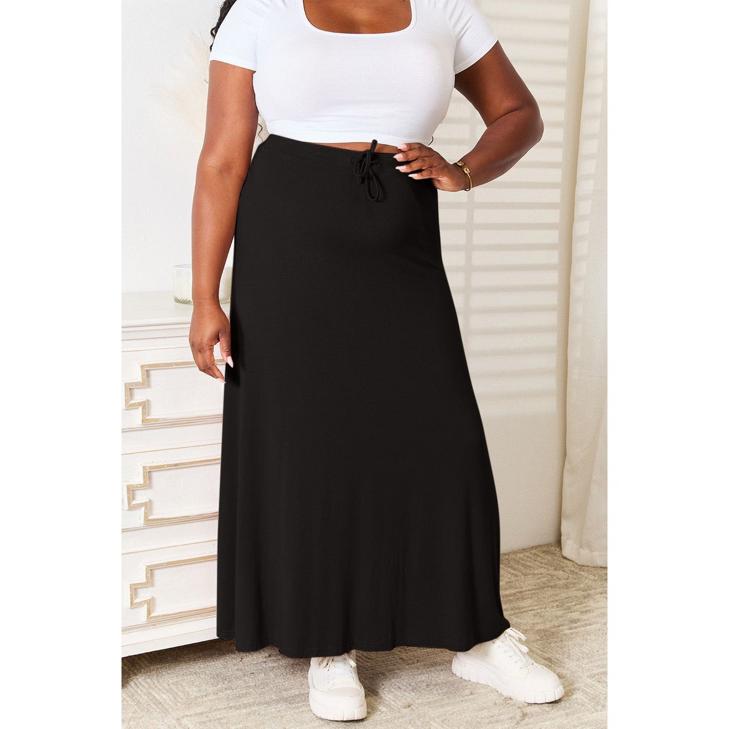 Double Take Full Size Soft Rayon Drawstring Waist Maxi Skirt