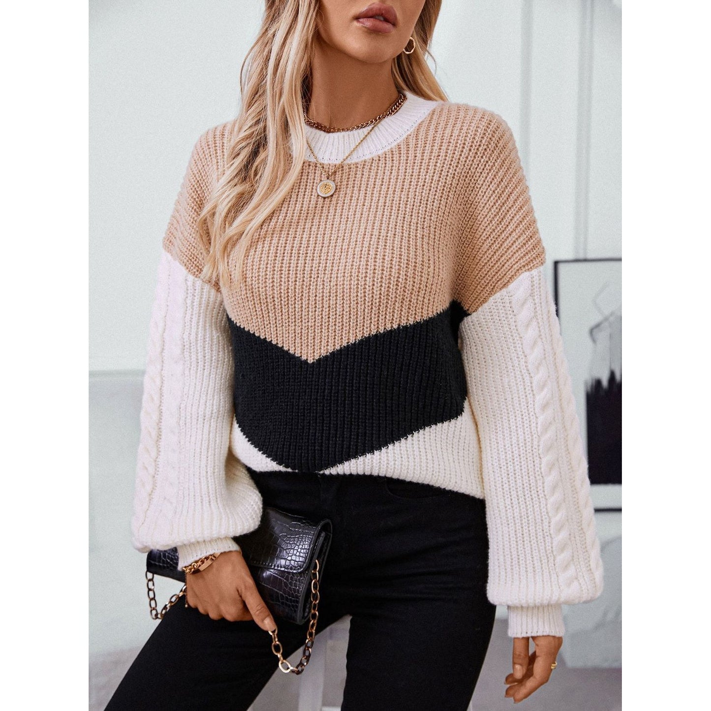 Contrast Round Neck Long Sleeve Sweater