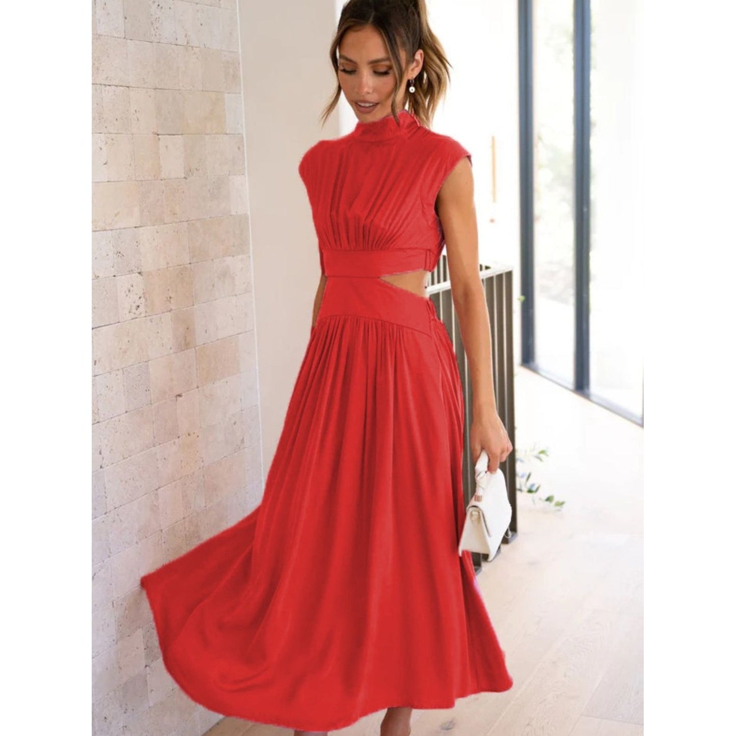 Cutout Mock Neck Sleeveless Ruched Dress