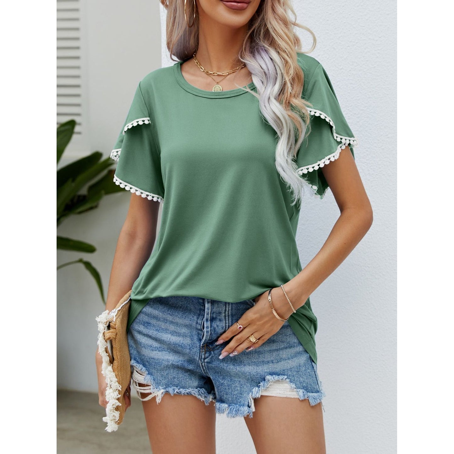 Pom-Pom Trim Flutter Sleeve Round Neck T-Shirt