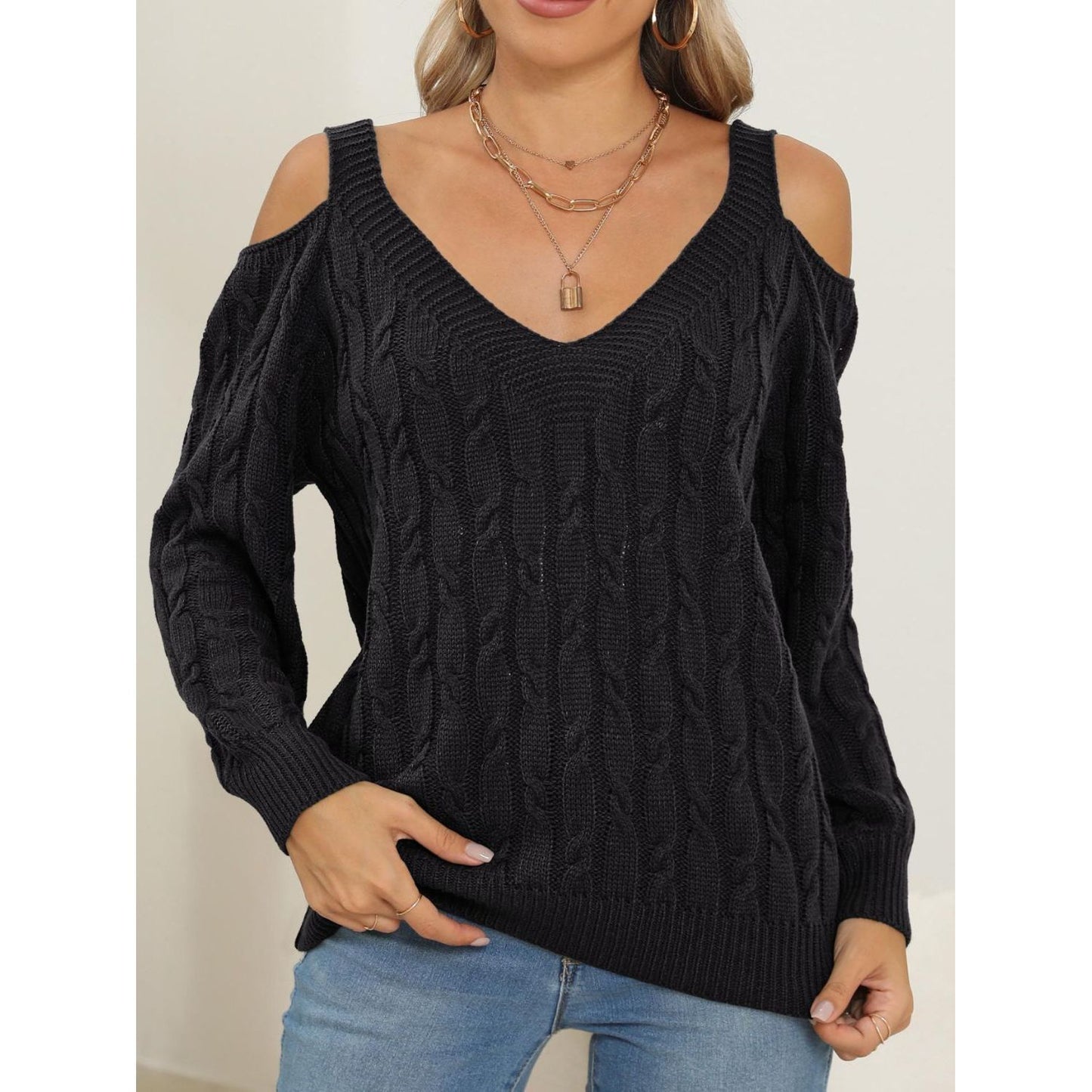 Cable-Knit V-Neck Long Sleeve Sweater