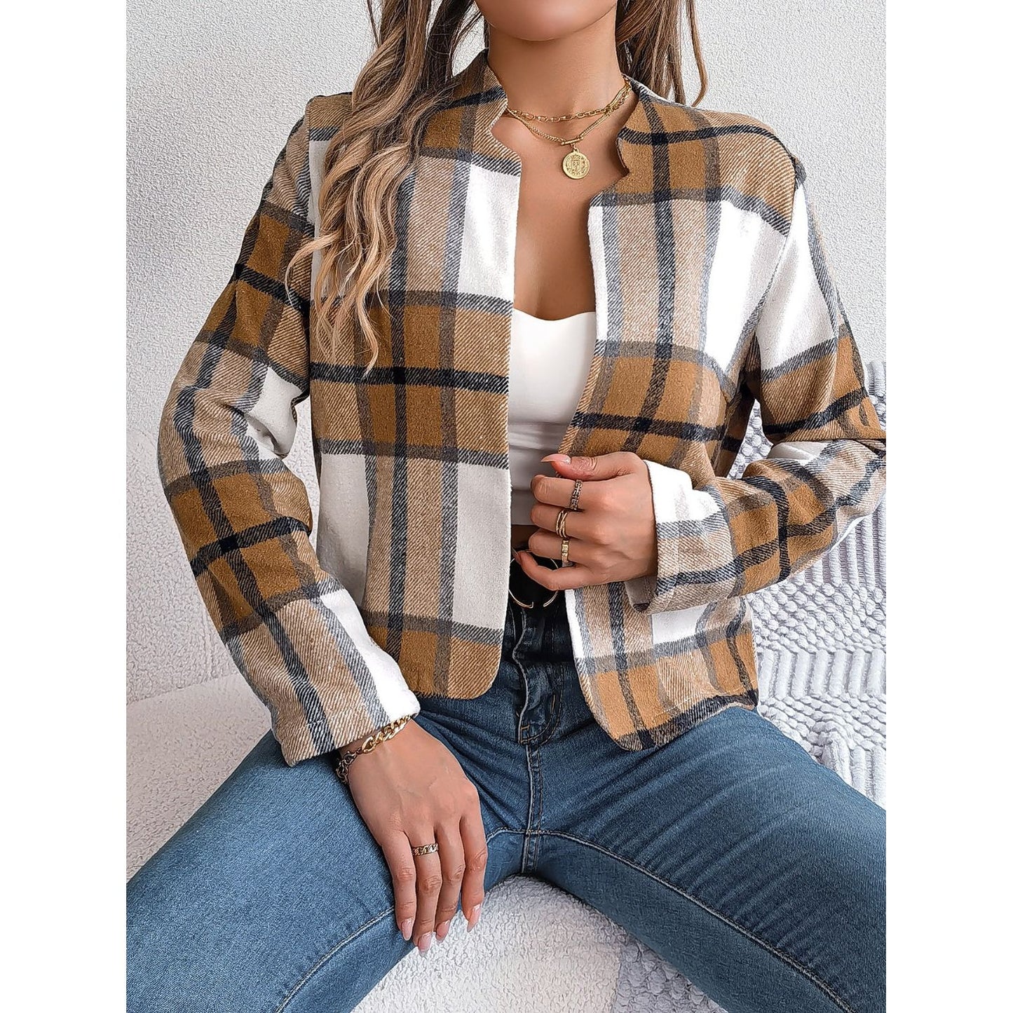 Plaid Open Front Long Sleeve Jacket