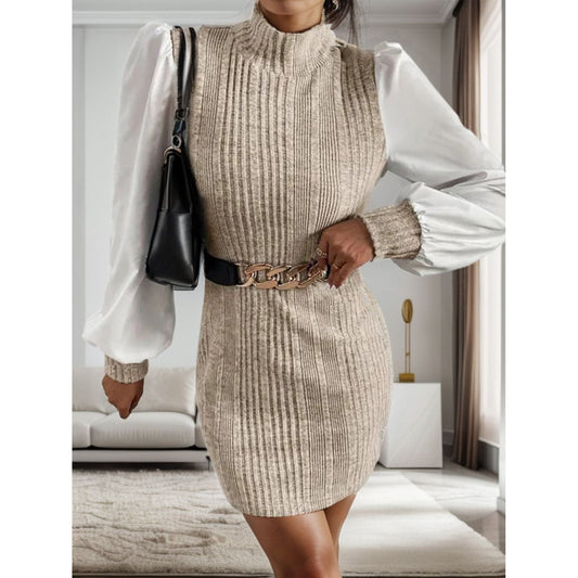 Ribbed Contrast Long Sleeve Sweater Dress