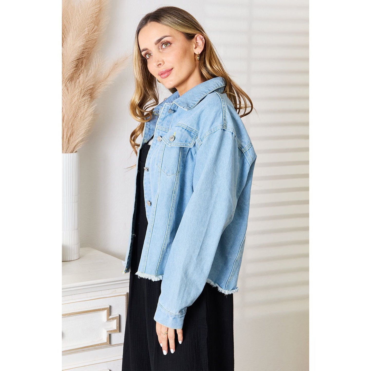 Double Take Dropped Shoulder Raw Hem Denim Jacket