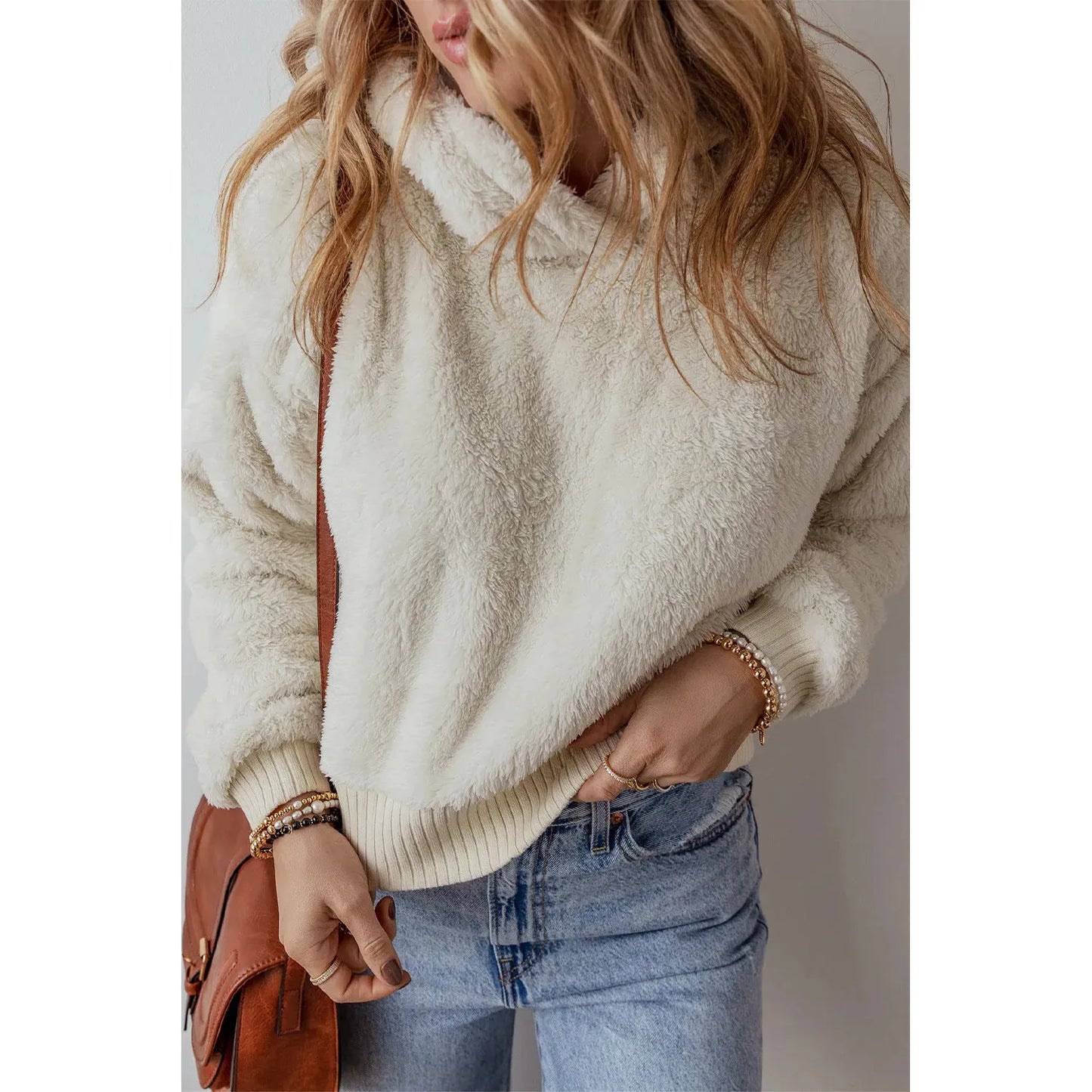 Fuzzy Dropped Shoulder Long Sleeve Hoodie