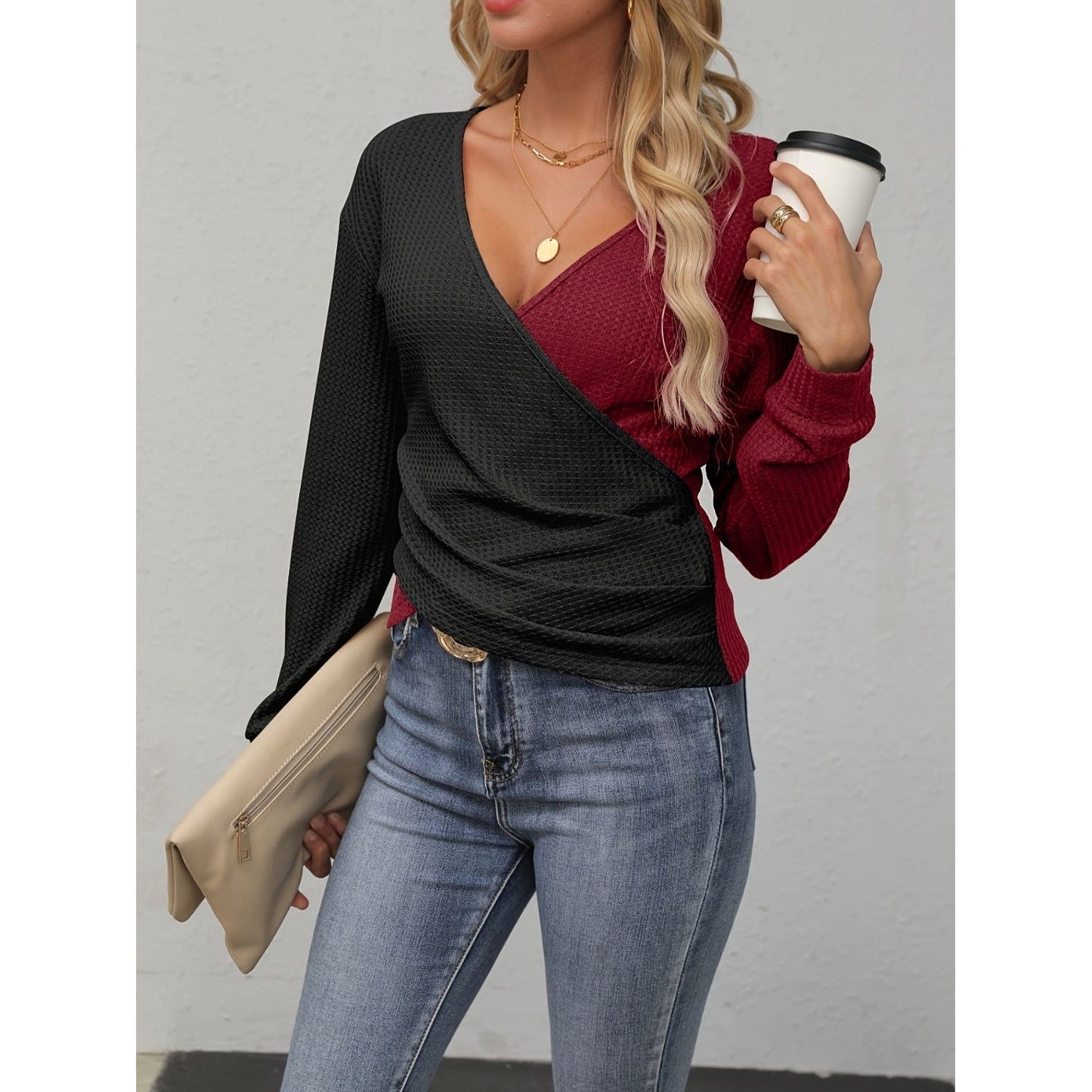 Contrast Surplice Long Sleeve Top