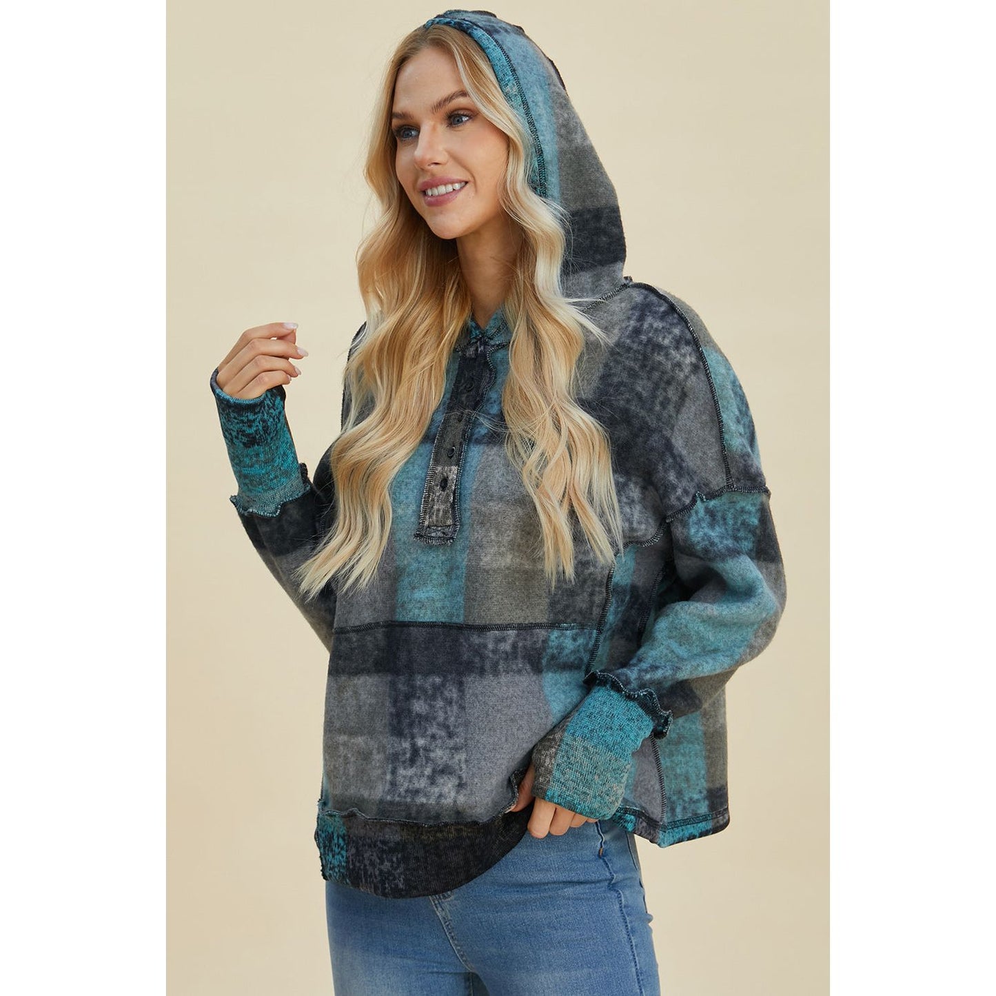 Double Take Full Size Plaid Dropped Shoulder Hoodie