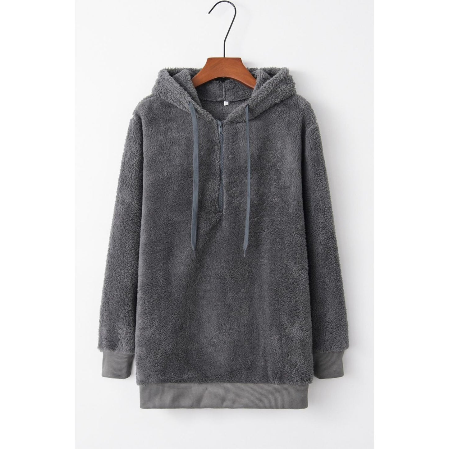 Full Size Quarter-Zip Drawstring Teddy Hoodie