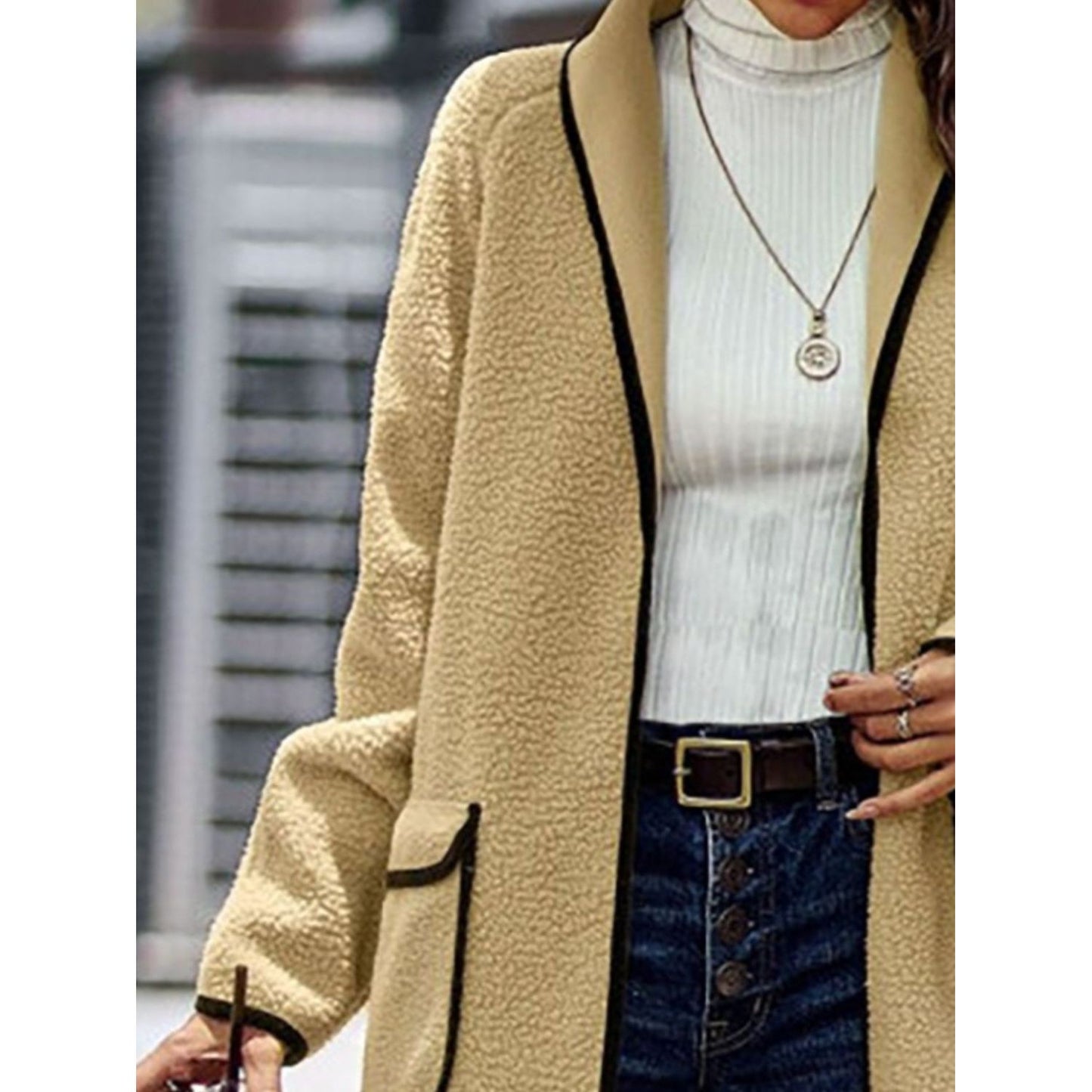 Full Size Contrast Trim Long Sleeve Coat with Pockets